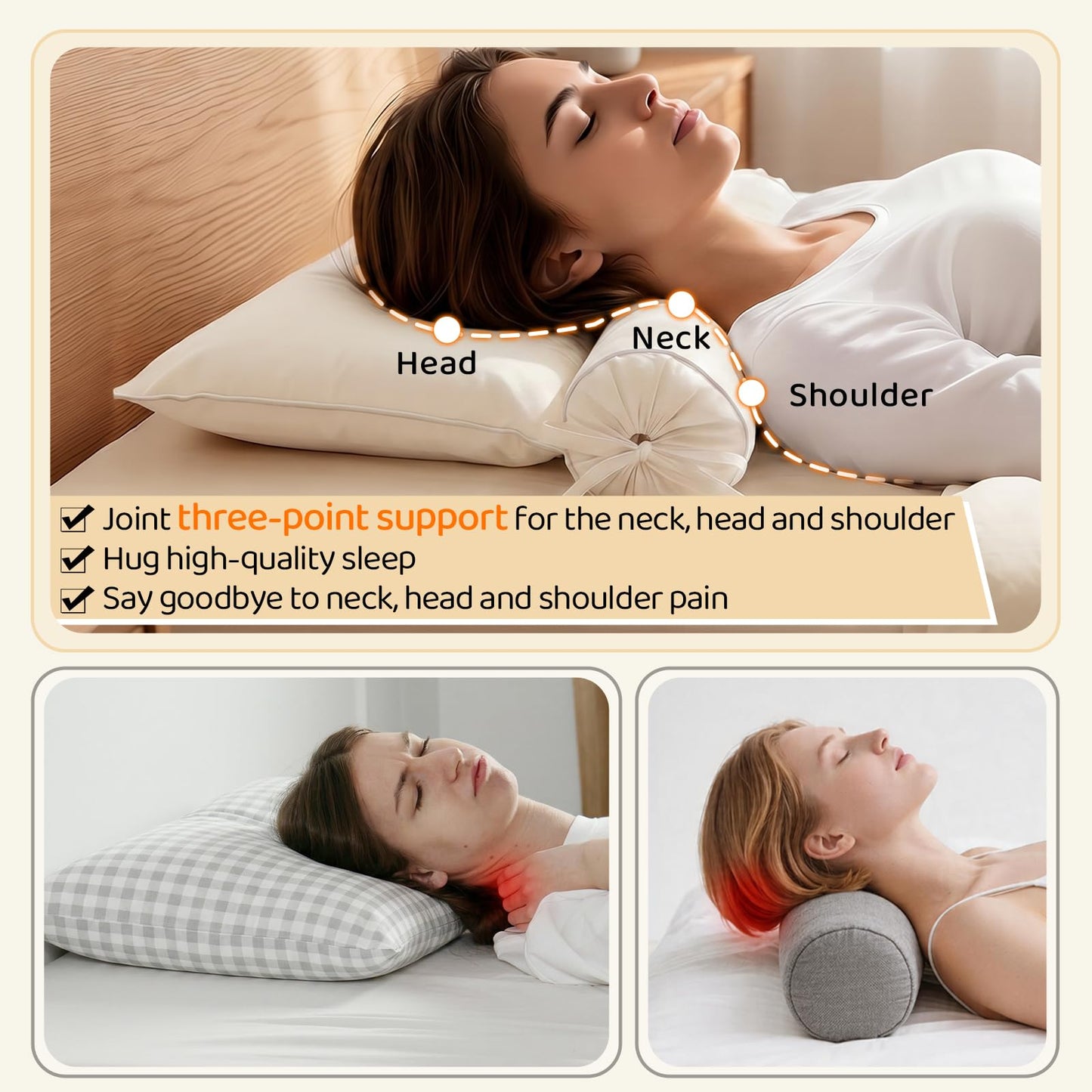 LOFE Buckwheat Pillow - 3 Point Support Buckwheat Hull Pillow for Less Pain, 2IN1 Tartary Buckwheat Neck Roll Pillow for Best Support, Adjustable Cervical Neck Pillow with Organic Cotton Pillowcase