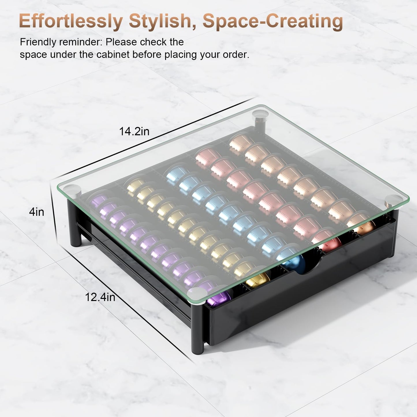 OUTIOE Coffee Pod Drawer Organizer with Tempered Glass Lid (Transparent Glass)