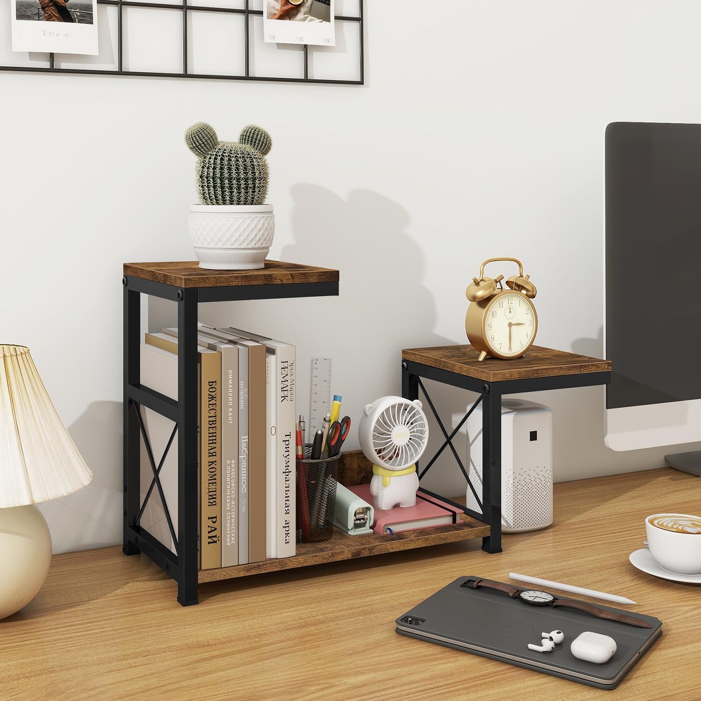 ELITEROO Desktop Shelf Organizer, 3 Tier Office Shelves, Wood Desk Organizers Storage Rack and Freestanding Display Shelf for Office, Dormitory, Home, Rustic Brown