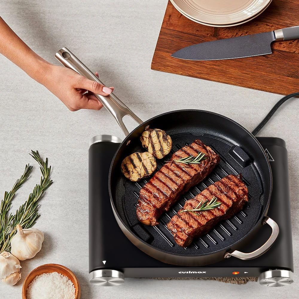 CUSIMAX Electric Burner Hot Plate for Cooking Cast Iron hot plates, Adjustable Temperature Control, Non-Slip Rubber Feet Stainless Steel Easy to Clean, Your Kitchen Assistant