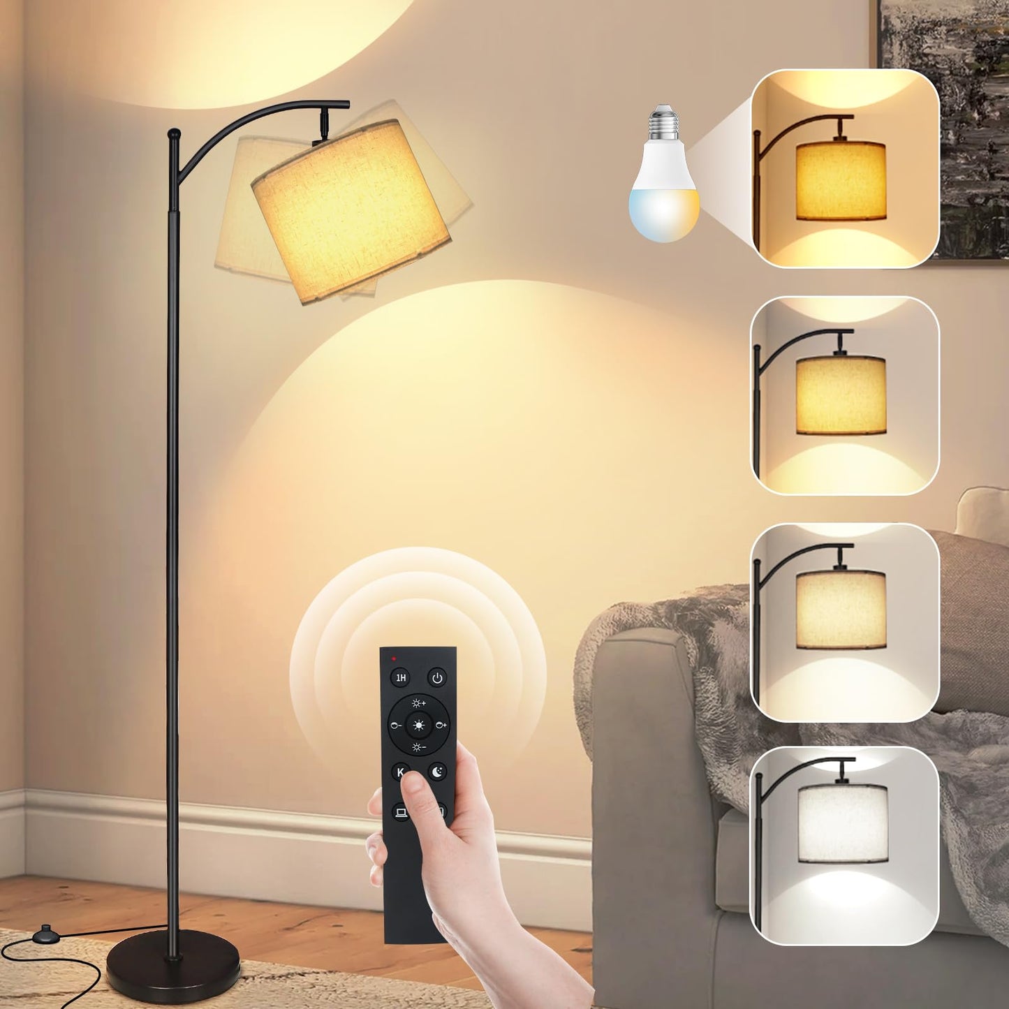 mukuxin LED Floor Lamps for Living Room, 12W 1200LM Modern Arc Floor Lamp with Remote & Adjustable Linen Lampshade, 12 Color Temperature Stepless Dimmable Tall Standing Lamp (Beige)