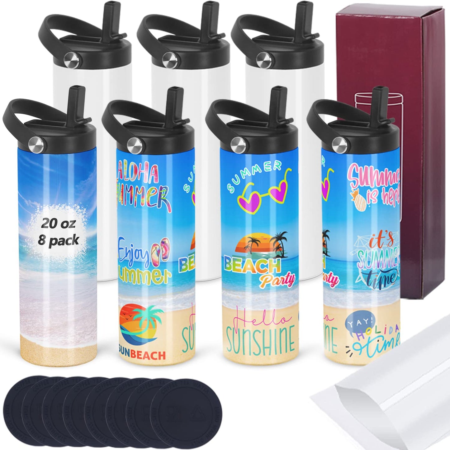 Micellwuu 8 Pack Sublimation Tumbler Bulk 20oz Skinny Straight, Sublimation Sport Water Bottles, Double Wall Stainless Steel Cups with Portable Handle, Individually Boxed