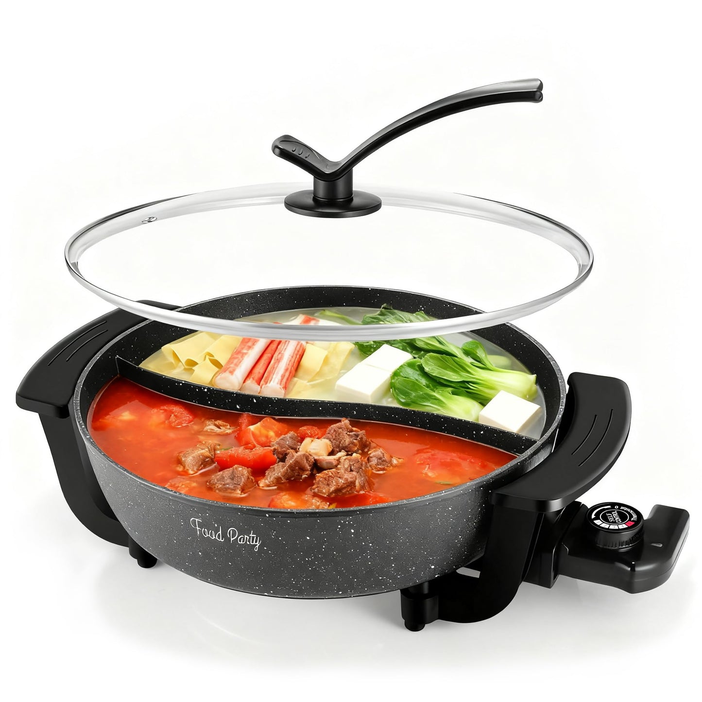 Food Party Electric Hot Pot 6L with Divider Hotpot Pot Electric Shabu Shabu Pot 110V 1200W PFOA FREE Non-Stick Chinese Hot Pot 5-Level Temperature Control