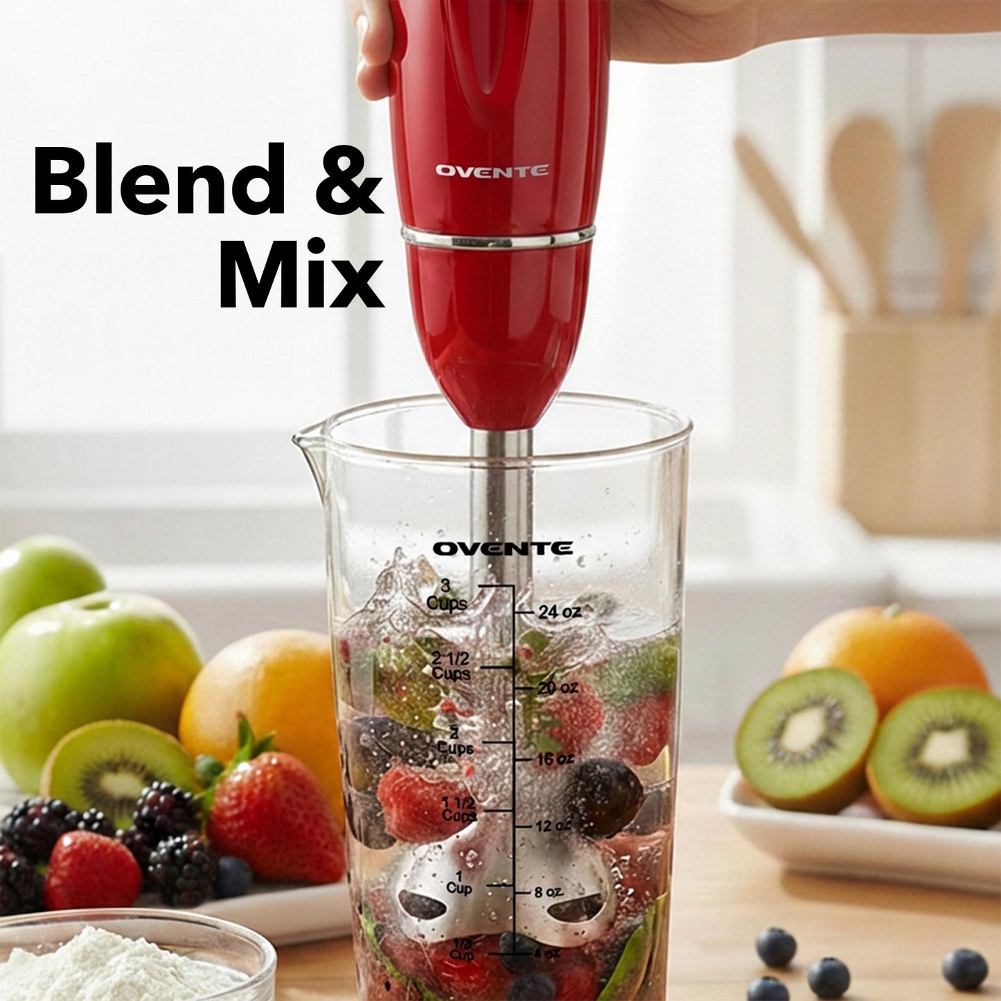 OVENTE Immersion Hand Blender Set, 300W Electric Handheld Stick Mixer, 2 Mixing Speeds with Stainless Steel Blades, Egg Whisk, Beaker & BPA-Free Food Chopper, Red HS565R