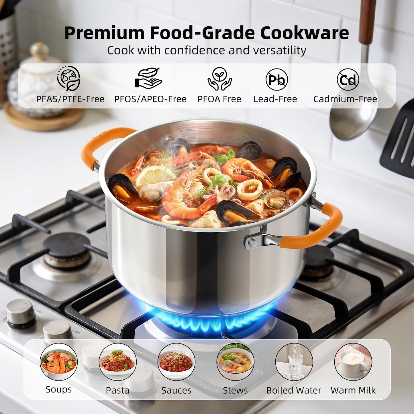 Ciwete Stainless Steel Stock Pot, 5.2 Quart Soup Pot with Lid, Heavy-Duty Thick Bottom Induction Cooking Pot for Pasta, Stew & Simmering, Even Heating, Compatible with All Cooktops, Dishwasher Safe