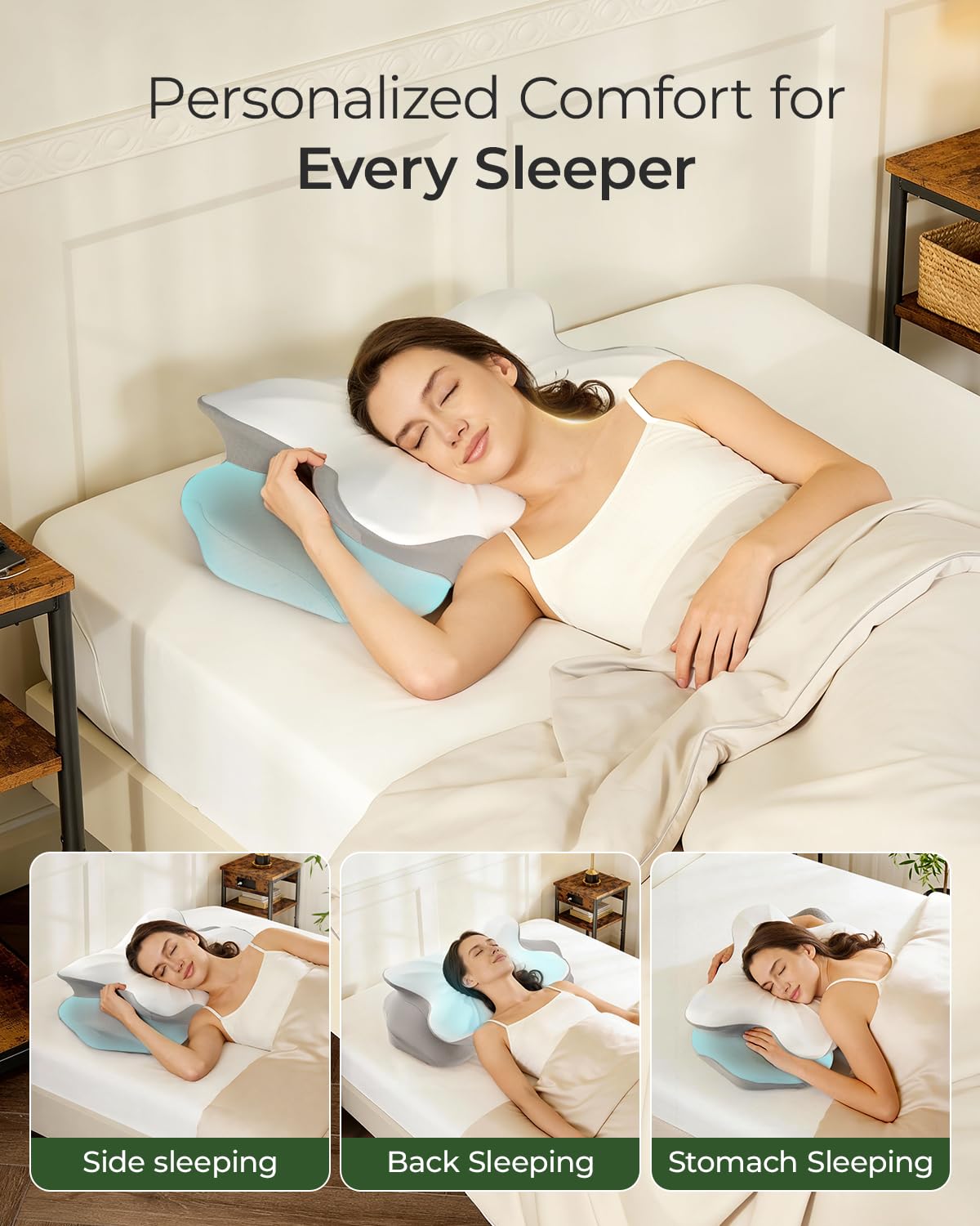 fumacos Cervical Neck Pillow for Neck Pain Relief, Ergonomic Contour Memory Foam Pillow with Cooling Pillowcase, Orthopedic Support Pillows for Side Back Stomach Sleepers, Gray