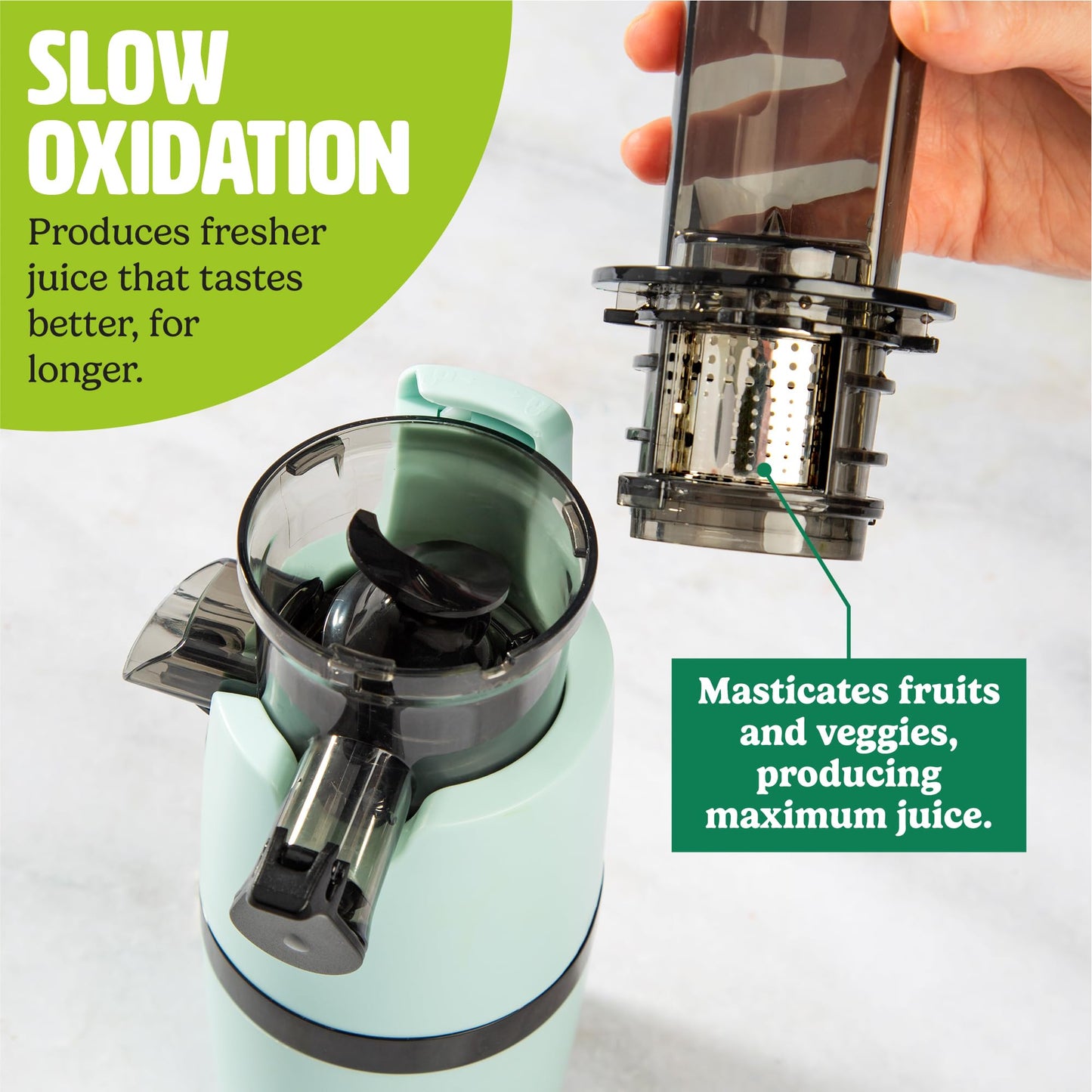 Tasty Slow Juicer, Compact Masticating Juicer with Pulp Separation, Maximum Juice Yield for Fresh, Nutrient-Rich Drinks, Easy Clean-Up & Compact Design, Aqua