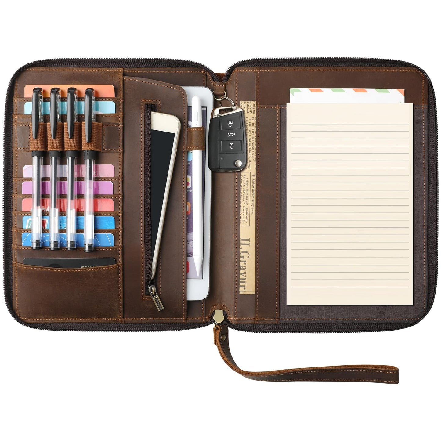 Ringsun Genuine Leather Portfolio with Zipper, Padfolio Portfolio Organizer Folder for Men Women, Professional Business Card Holder for A5 Letter Size Notepad, Resume, Writing Pad, Pen Loop