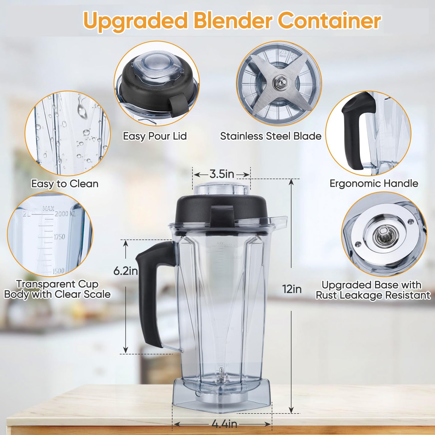 Blender Pitcher 64oz, Upgrade Replacement Pitcher Container Jar Cup Compatible with 5200 5300 6300 7500 VM0197 VM0101 VM0102 VM0103 E310 Classic Explorian Commercial Professional Series