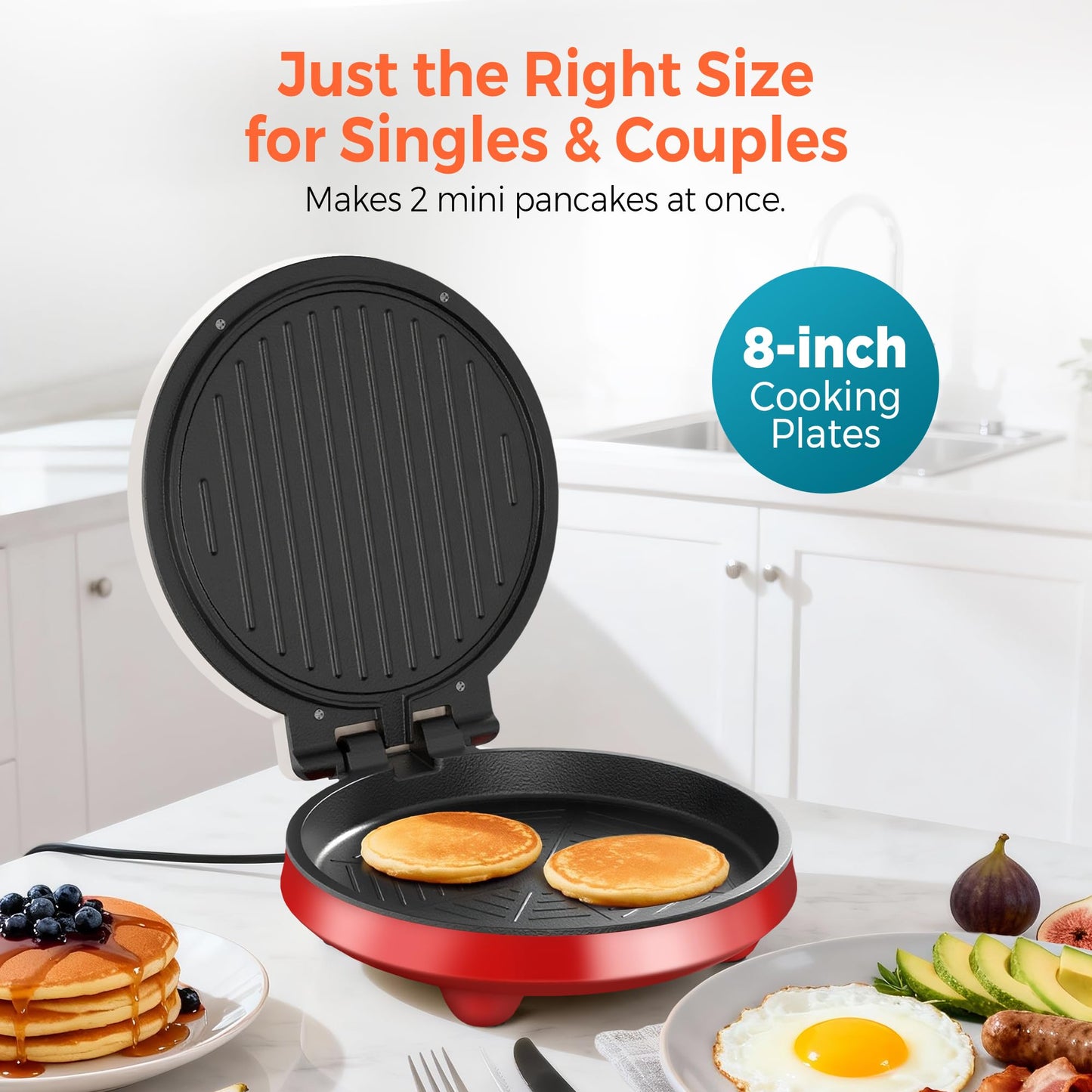 3-in-1 Electric Griddle & Sandwich Maker - CACHOO 8" Nonstick Round Griddle and Panini Press with On/Off Switch, 180° Open Design, Perfect for Pancakes, Omelettes, Quesadillas, Veggies (Red/Beige)