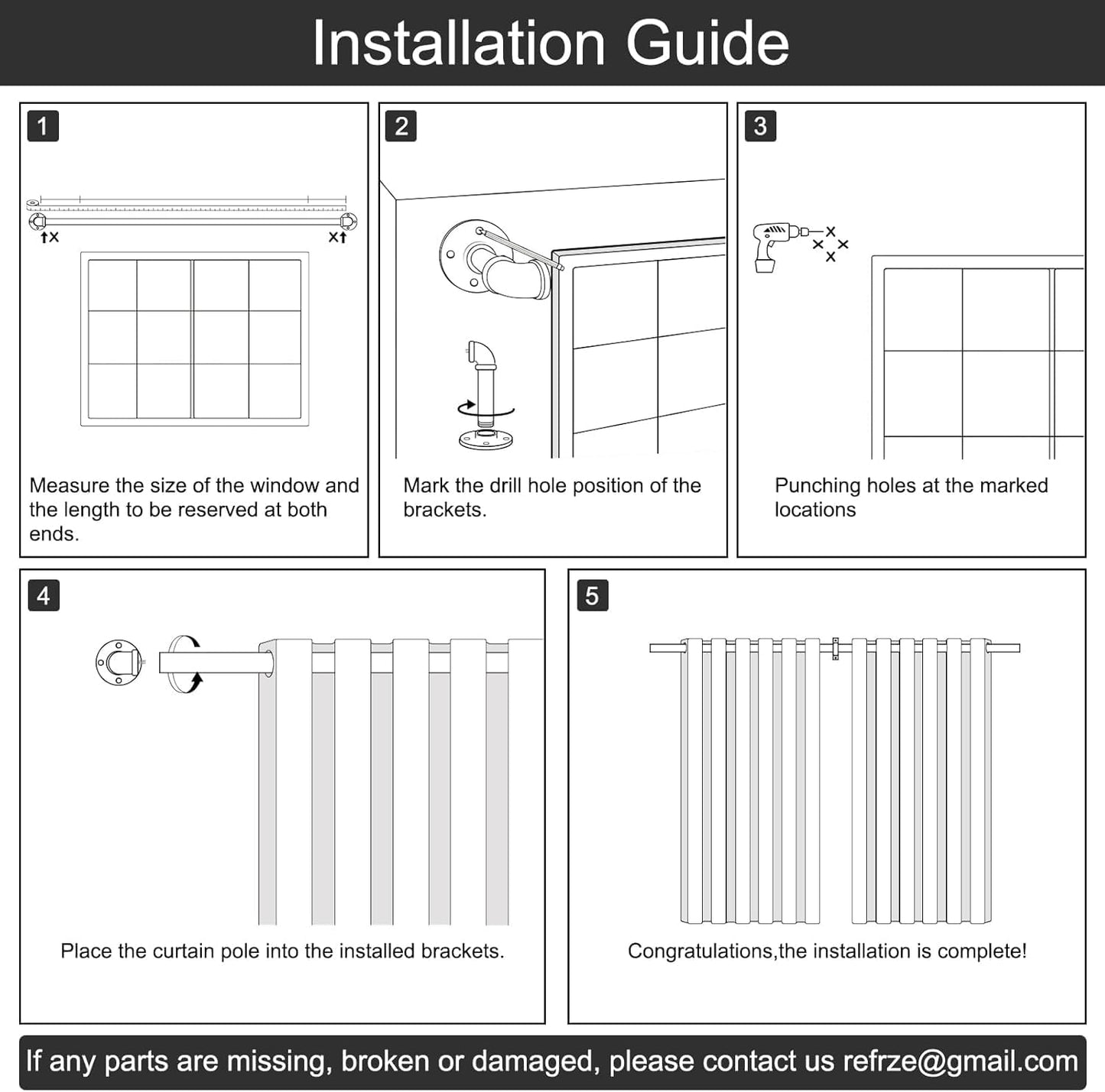 Refrze 2 Pack Curtain Rods for Windows 48 to 84 Inch, Industrial Curtain Rods Wrap Around, Heavy Duty for Bedroom & Outdoor, 48-84", "Black Curtain rod