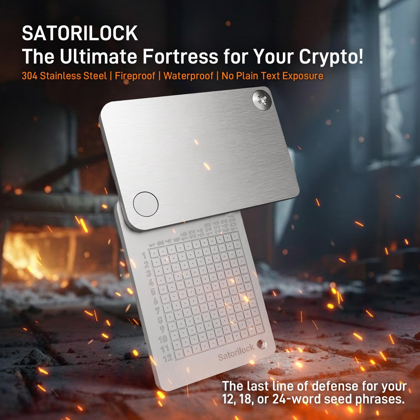 Satorilock Crypto Seed Storage,Mini Binary Tablet,Stainless Steel,Crypto Capsule Metal Wallet,Cold Storage Backup,12/24 Words Key Phrase Storage,Steel Plate,Compatible with Ledger,Trezor,Bitcoin