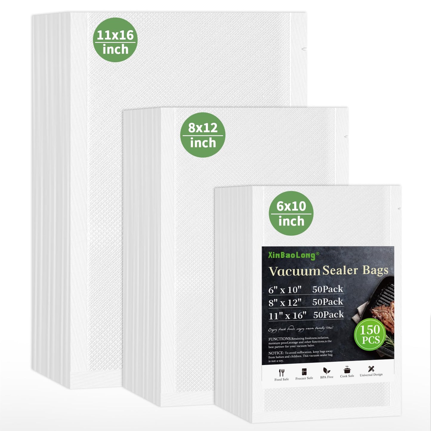 Vacuum Sealer Bags For Food-150 Quart 11"x16"and Quart 8"x12"and Pint 6"x10"-Commercial Grade BPA Free Bag-Durable Customized Size Food Vac Bags for Storage and Sous Vide Cooking-Puncture Prevention
