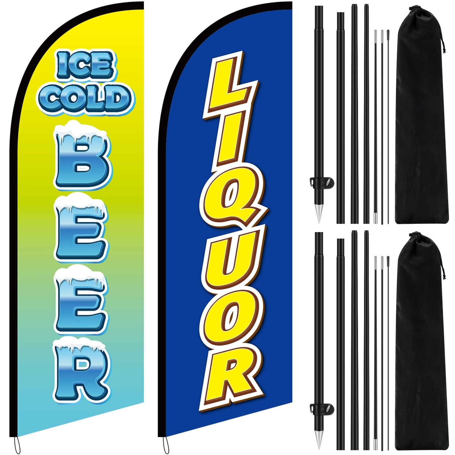 CrystalSylara 2 Pack 8.2 ft Ice Cold Beer Liquor Feather Flags Advertising Swooper Flag Banner Sign Included Hardware for Bars, Stores, Outdoor Businesses