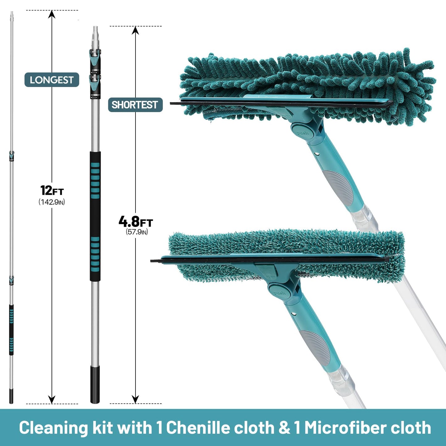 TelesPro 20 Feet High Reach Window Squeegee with 5-12Ft Extension Pole, Window Cleaner Tool with 3-Stage Telescoping Pole, Window Cleaning Kit with Rotatable Head (2 Squeegee & 2 Microfibre Cloths)