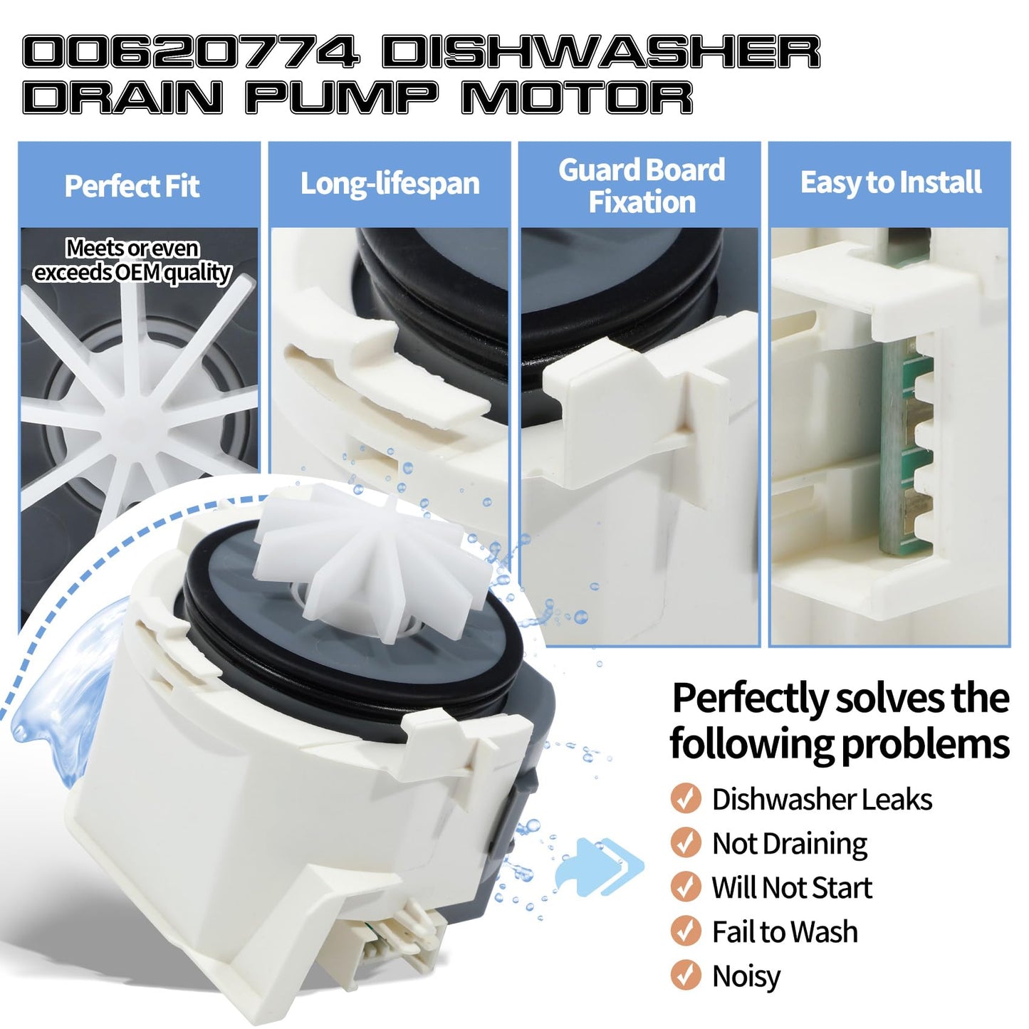 UPGRADED 00620774 Dishwasher Drain Pump Motor Assembly Compatible with Bosch Dishwasher Drain Pump 620774 Motor Parts Replacement 2692859, AP5326239, PS8728607, EAP8728607, PD00008993
