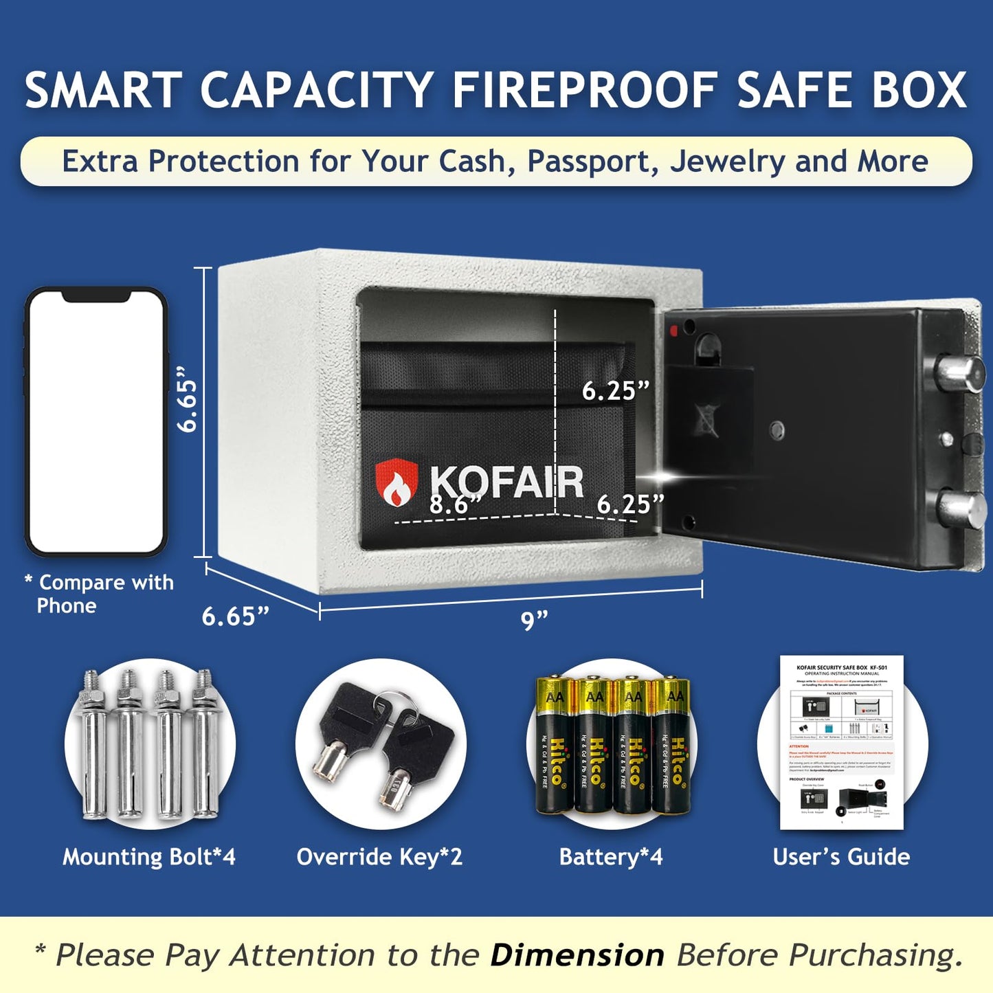 KOFAIR Safe Box for Home Safe (0.23 Cubic Feet) with Fireproof Bag, Personal Money Safey for Cash Saving, Mini Safey with Key, Digital Safety Box with Light, Money Lock Box (White)
