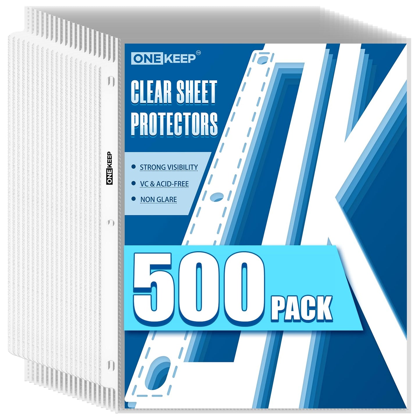 ONEKEEP 500 Pack Sheet Protectors, Top Loading Reinforced 3-Hole Page Protectors for 3-Ring Binders, Fits 8.5" x 11" Letter Size Paper – Perfect for Documents & Photos, Back to School Office Supplies