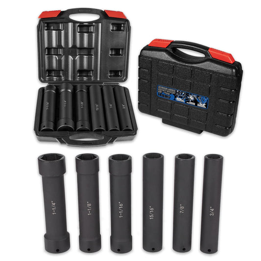 1/2 Inch Drive Extended Length Impact Socket Set 6 Sizes - Hex Sizes 3/4", 7/8", 15/16", 1-1/16”, 1-1/8", 1-1/4"Extra-Deep Length Extra-Deep Impact Set Heavy Duty with Case