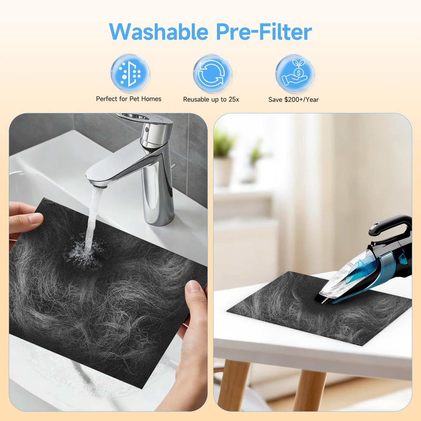 PP02 Replacement Filter Compatible with oneisall PP02 Pet Air Purifier, Double-Sided HEPA Filter for Pet Hair, Dander, Odor, 4 Pack with Washable Pre-Filters