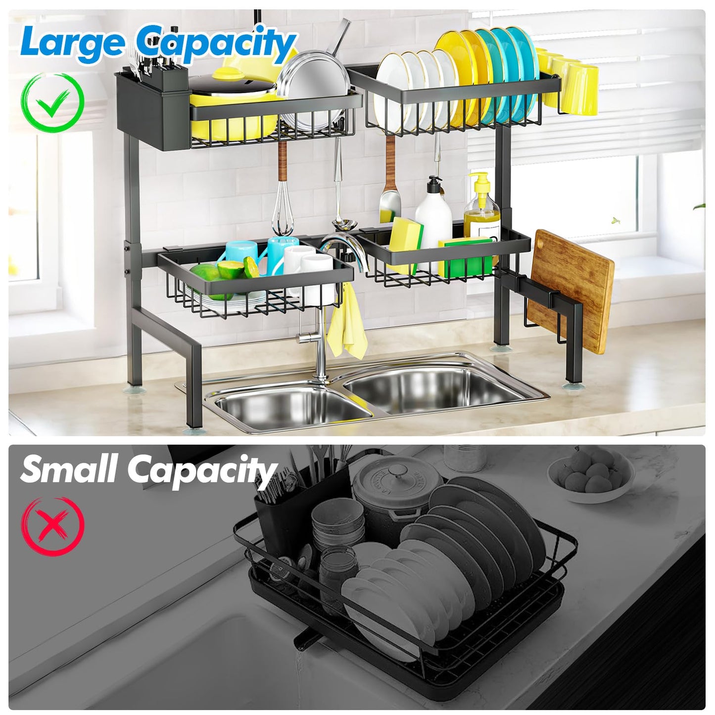SNSLXH 4 Baskets 2-Tier Over The Sink Dish Drying Rack, 26.57"-35", Large Sink Rack for Kitchen, Extensible and Adjustable, Saving Kitchen Space