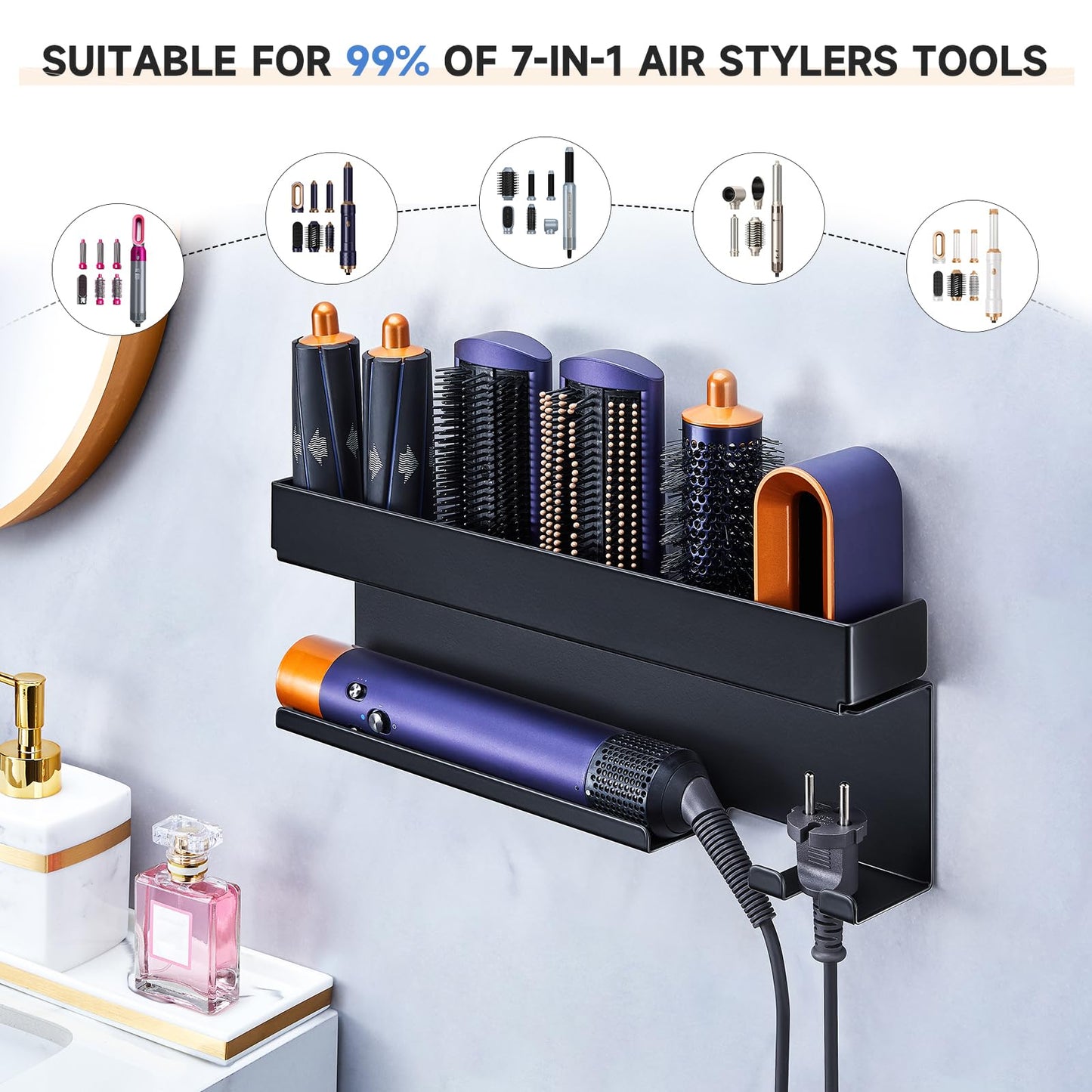Storage Hair Dryer Holder for Curling Iron Accessories, Hair Tool Organizer Wall Mount, Curling Iron Holder Organizer, Bathroom Hair Straightener Holder Stand for Styler Attachments Organizer, Black