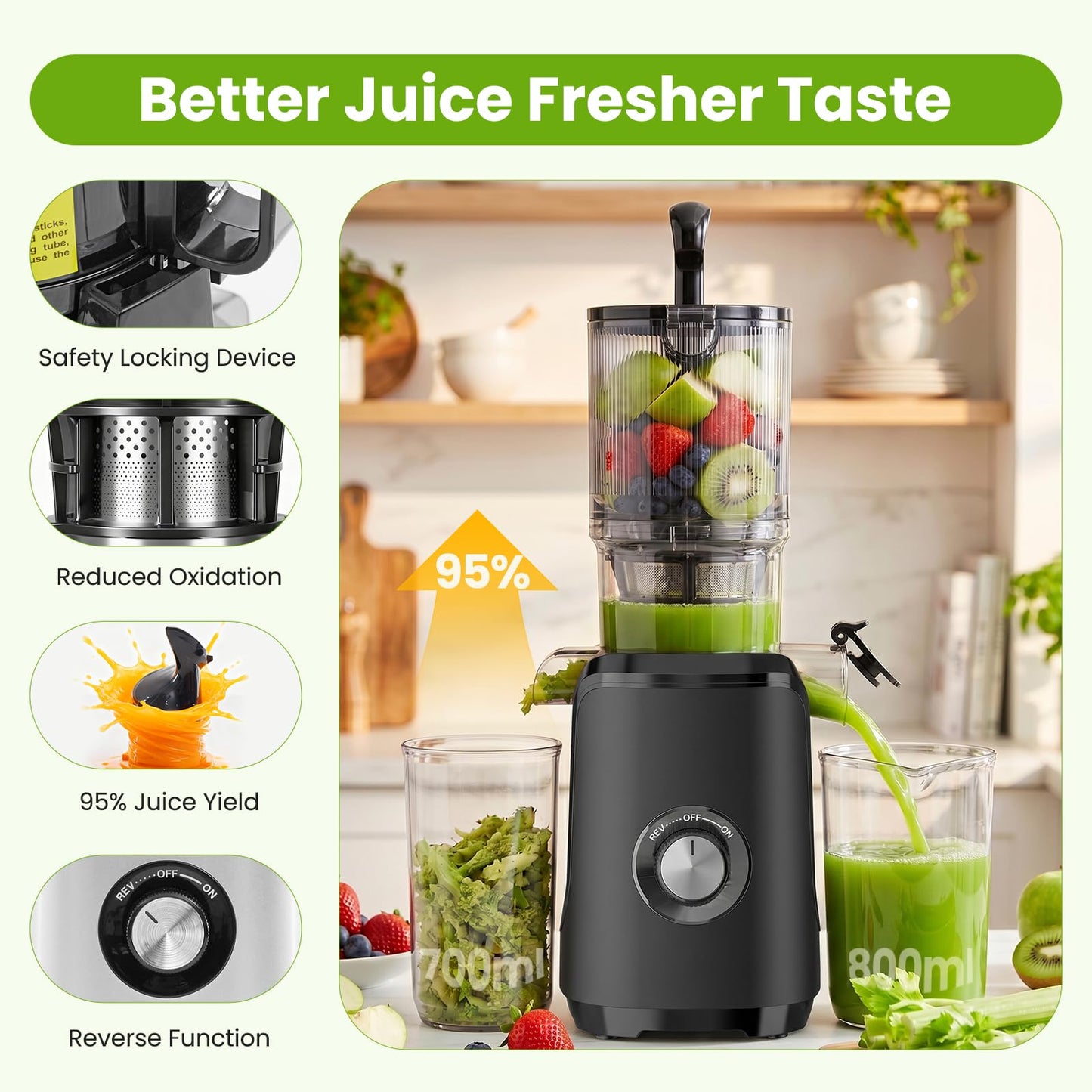 KMFurnila Slow Masticating Juicer Machines, Cold Press Juicer with Safety Lock & Reverse Function, 4.25" Feed Chute for Whole Fruits & Vegetables, High Juice Yield, Black