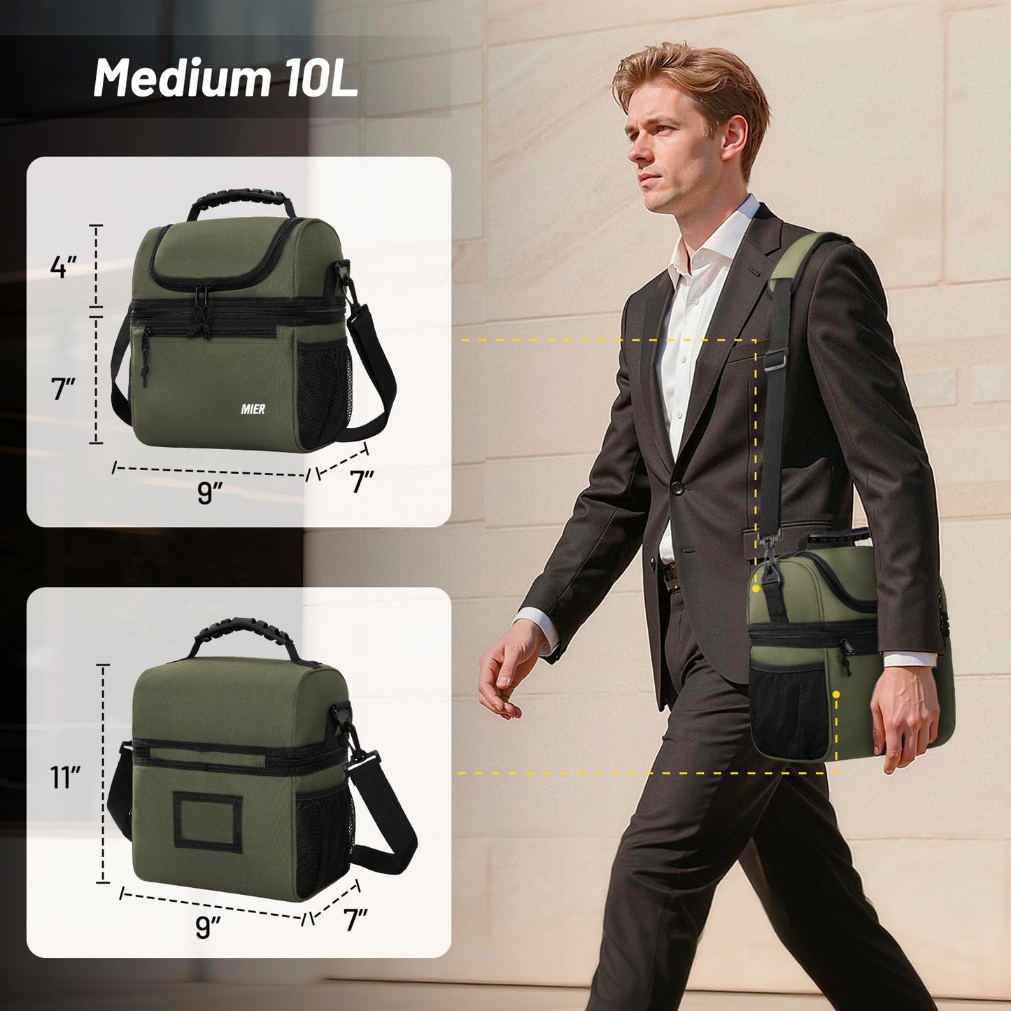 MIER Insulated Lunch Box Dual Compartment Lunch Bag Leakproof Cooler for Men Women Adult Work, Army Green, Medium (Upgraded Extra-Tall Bottom Layer)