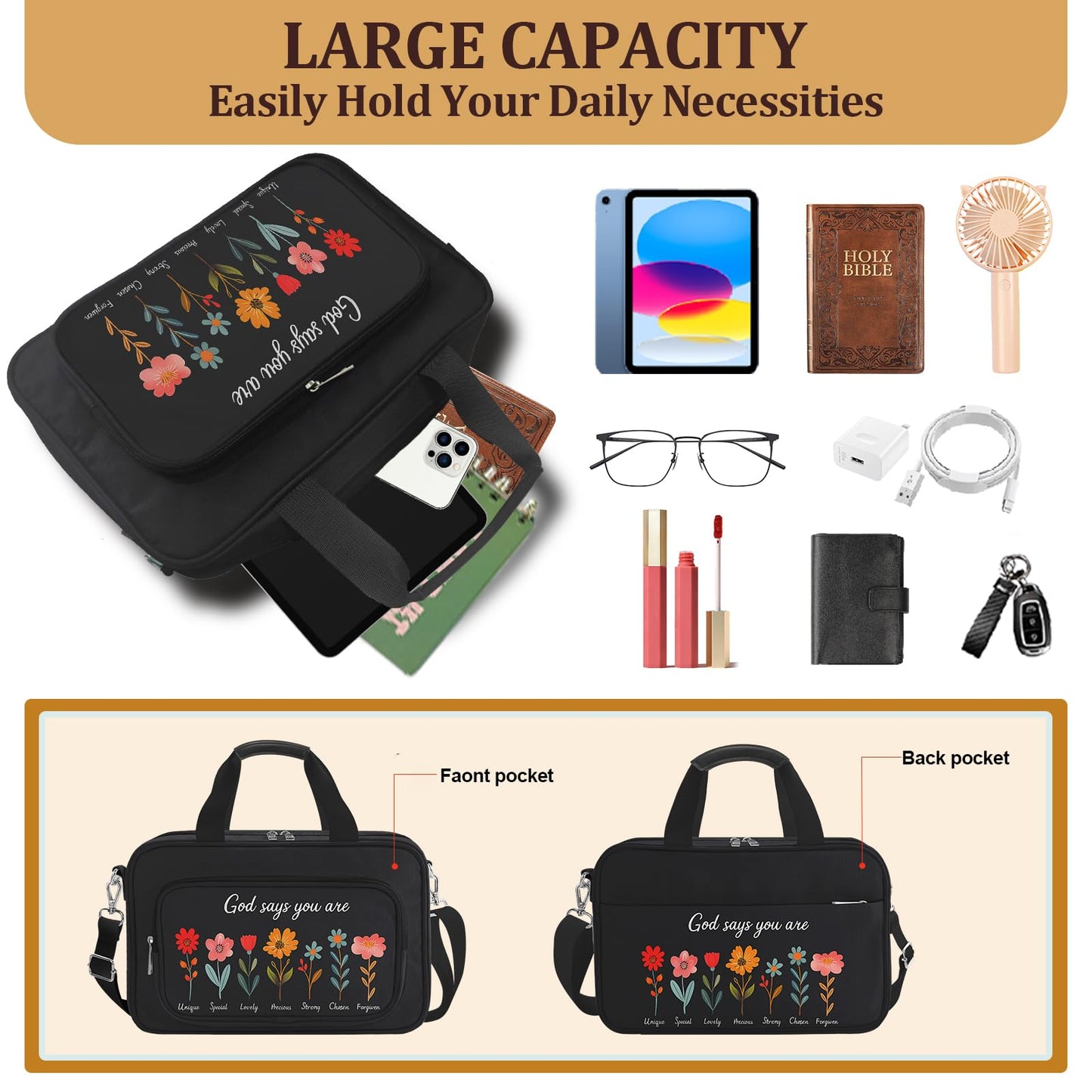 WOHAXAHOW Large Bible Bags for Women Organizer with Bible Cover Case, Bible Cover Study Supplies Bible Journaling Kit Book Carrying Case with Bible Highlighters Tabs, Christian Gift for Women Mom