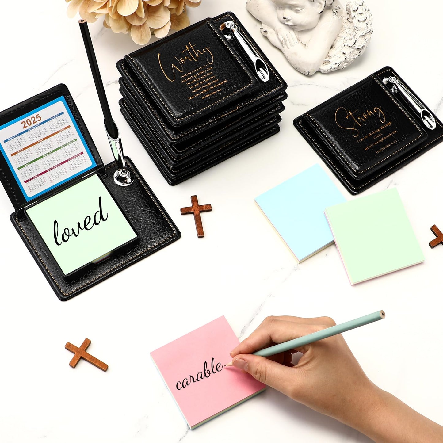 Spakon 12 Set Christian Gifts Bulk, Fathers Day Religious Bible Verse Sticky Note Holder with Pen, PU Leather Scripture Memo Box for Graduation Women Men, Inspirational Church Gifts (Black)