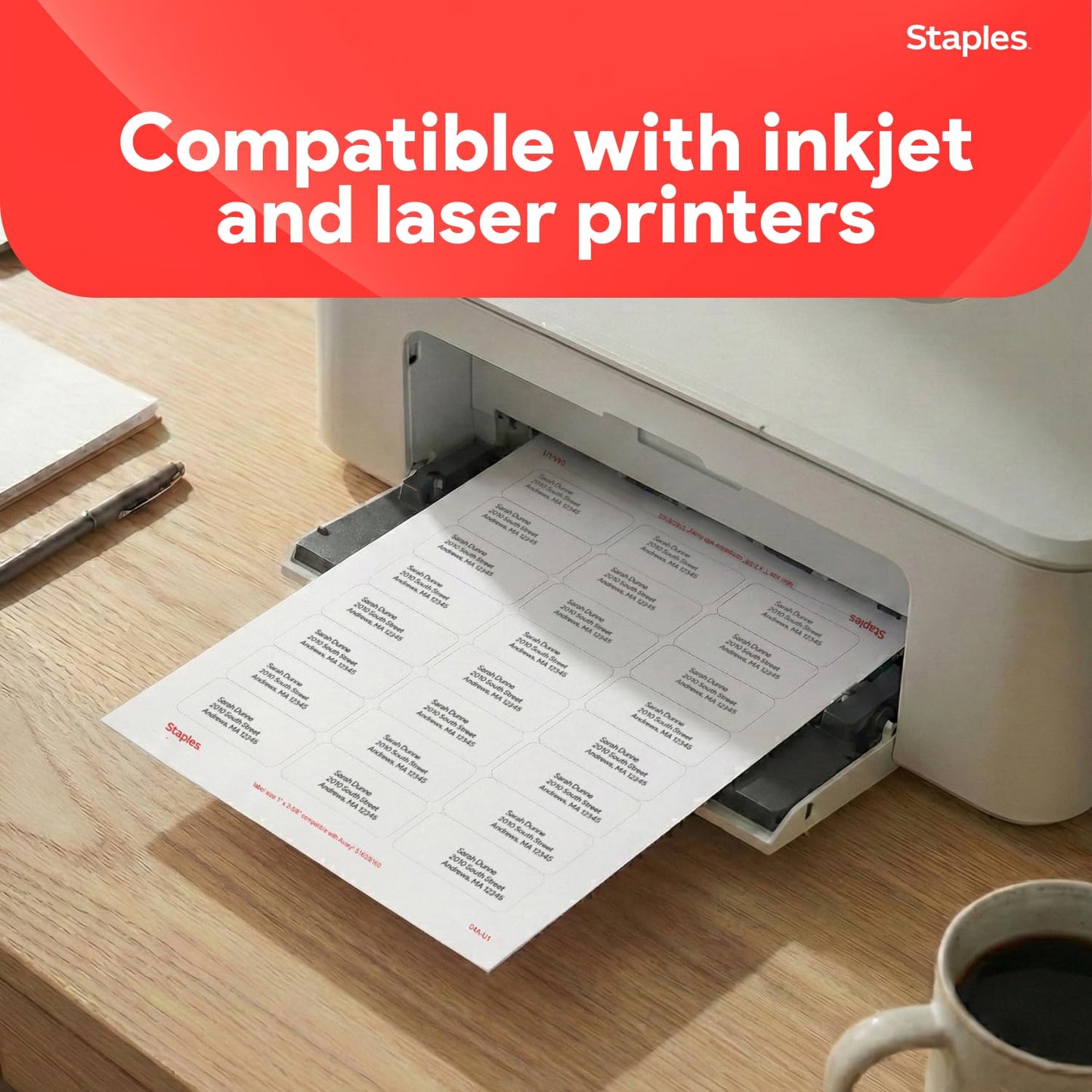Staples 1" x 2-5/8" Address Labels, White – Easy-Peel Printable Laser & Inkjet Mailing Labels, 7,500 Labels (30 per Sheet)