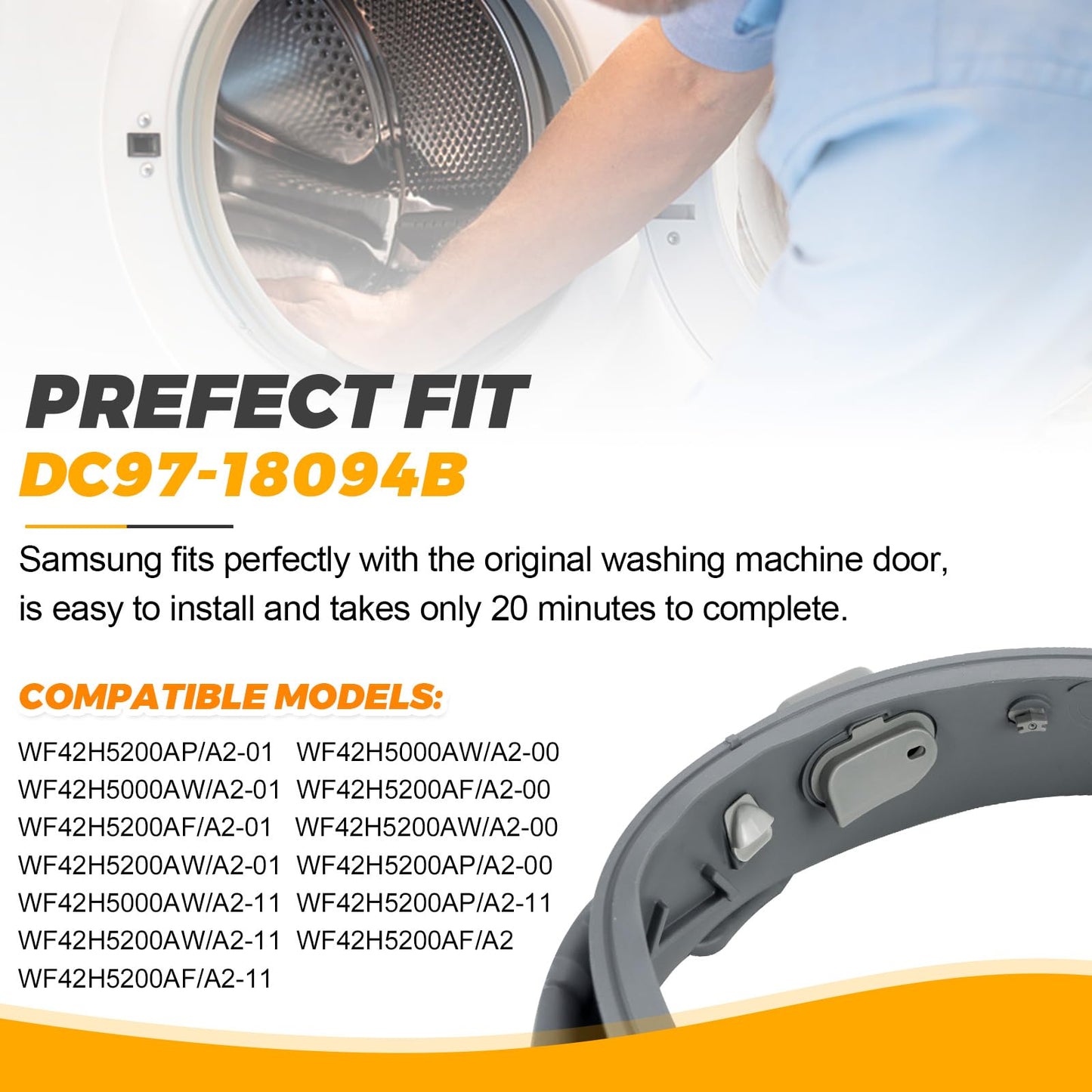 Upgraded DC97-18094B Washer Door Seal OEM for Samsung Washer WF42H5000AW/A2 WF42H5200AP/A2 WF42H5200AF/A2 WF42H5200AW/A2 DC64-03051A Washer Door Boot Seal Gasket Diaphragm by Techecook