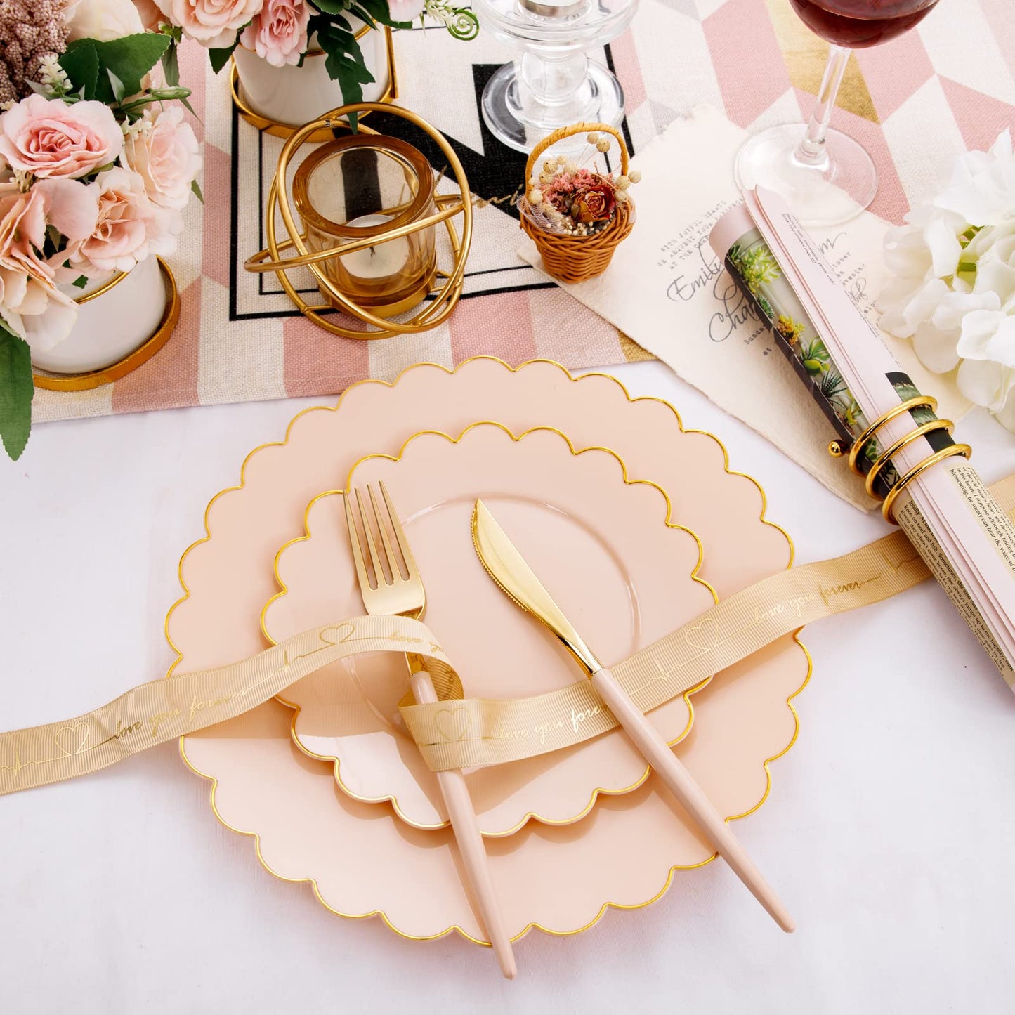 LIYH 60 Pcs Pink Plastic Plates with Gold Pink Plates Disposable Plate Set Includes 30 Dinner 10.25" and 30 Dessert Plate 7.5" for Baby Shower,Weddings,Parties,Birthday