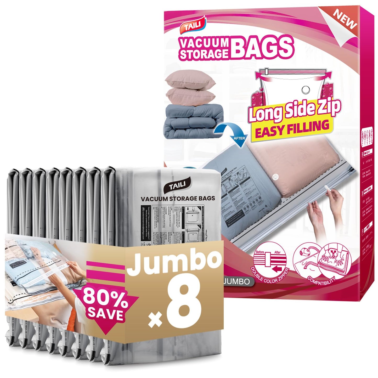 TAILI 8 Pack Vacuum Storage Bags, Jumbo Size 39x28 inch, LONG SIDE ZIP Vacuum Seal Bags for Beddings, Extra Large Storage Space Saver for Clothing, Comforters, Blankets, Pillows