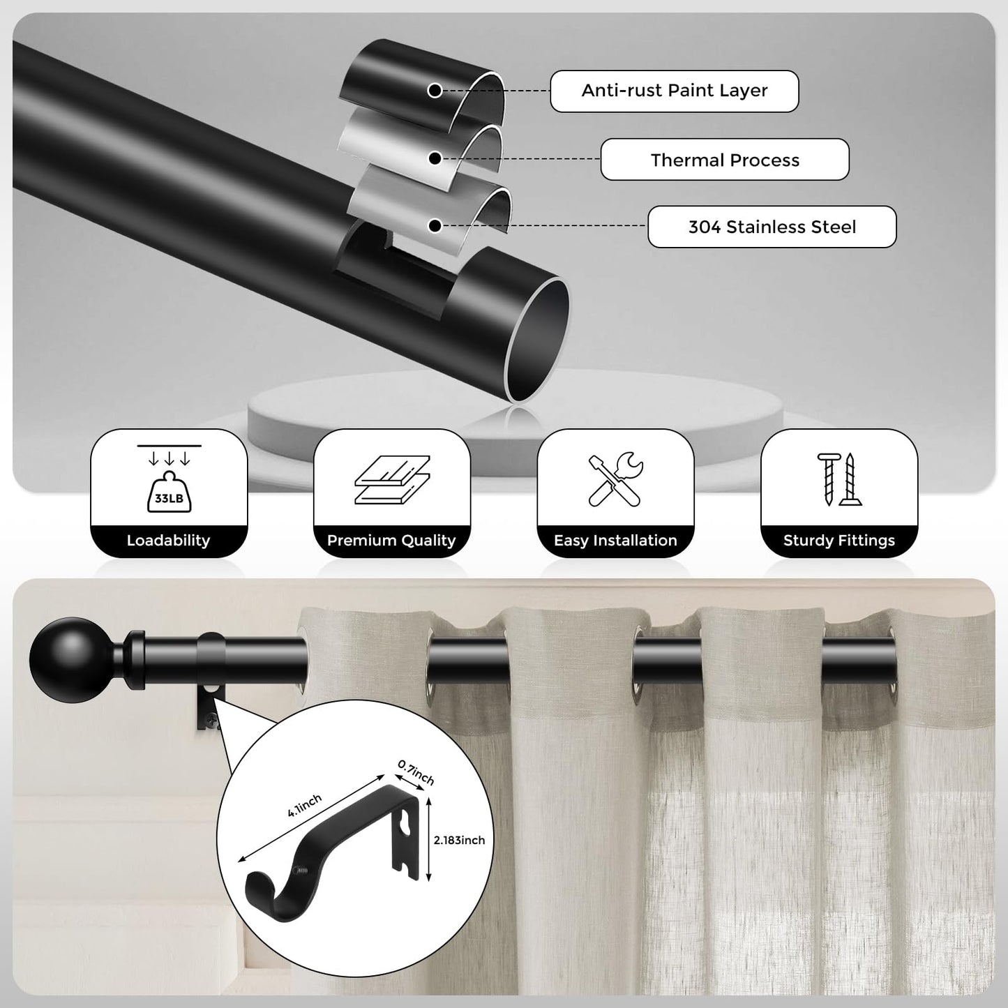 Wolistsa 2 Pack Curtain Rods 36-91 Inch, Black 1 Inch Adjustable Heavy Duty Curtain Rods for Windows, Decorative Modern Window Treatment Rod, Splicing Metal Drapery Pole, Easy Installation