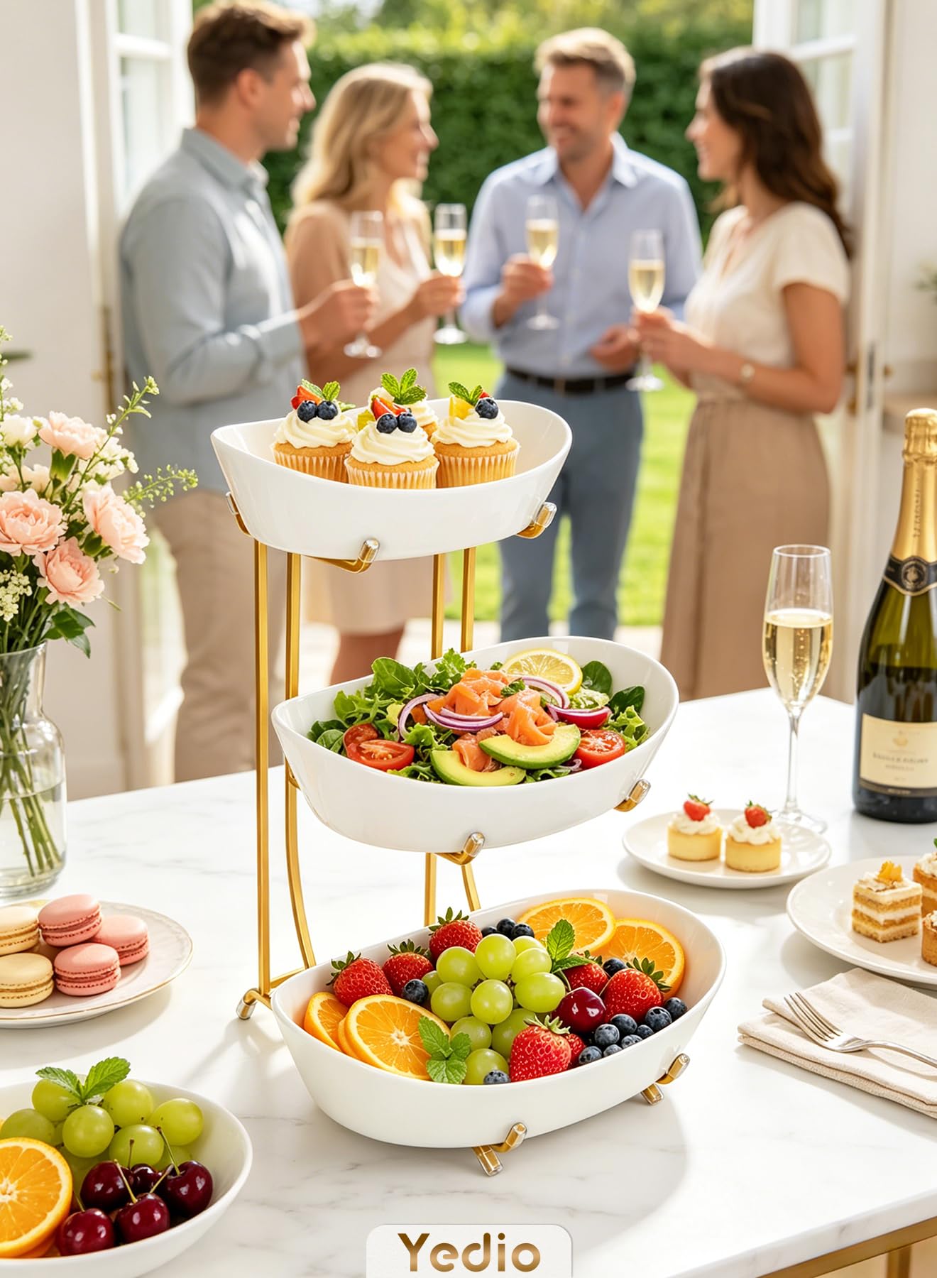 Yedio 3 Tier Fruit Bowl for Kitchen Counter, No Assembly Required Ceramic Fruit Basket with Metal Stand, Tiered Fruit Stand for Countertop for Fruit, Veggies, Snacks, Cake & Desserts