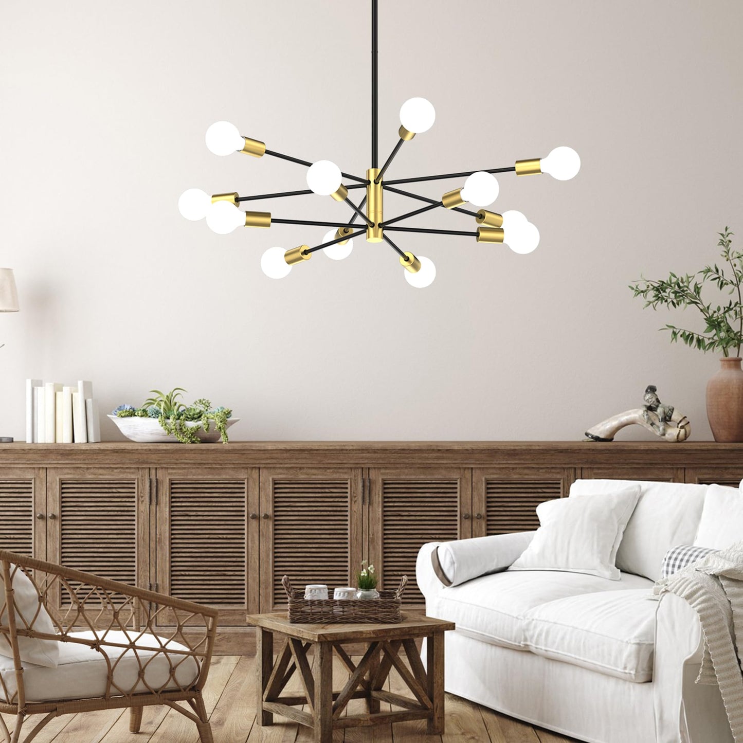 Phaosio Sputnik Chandelier 12-Light, Mid Century Modern Height Adjustable Ceiling Light Fixture for Dining Room, Kitchen Island, Living Room,Bedroom-Black and Gold