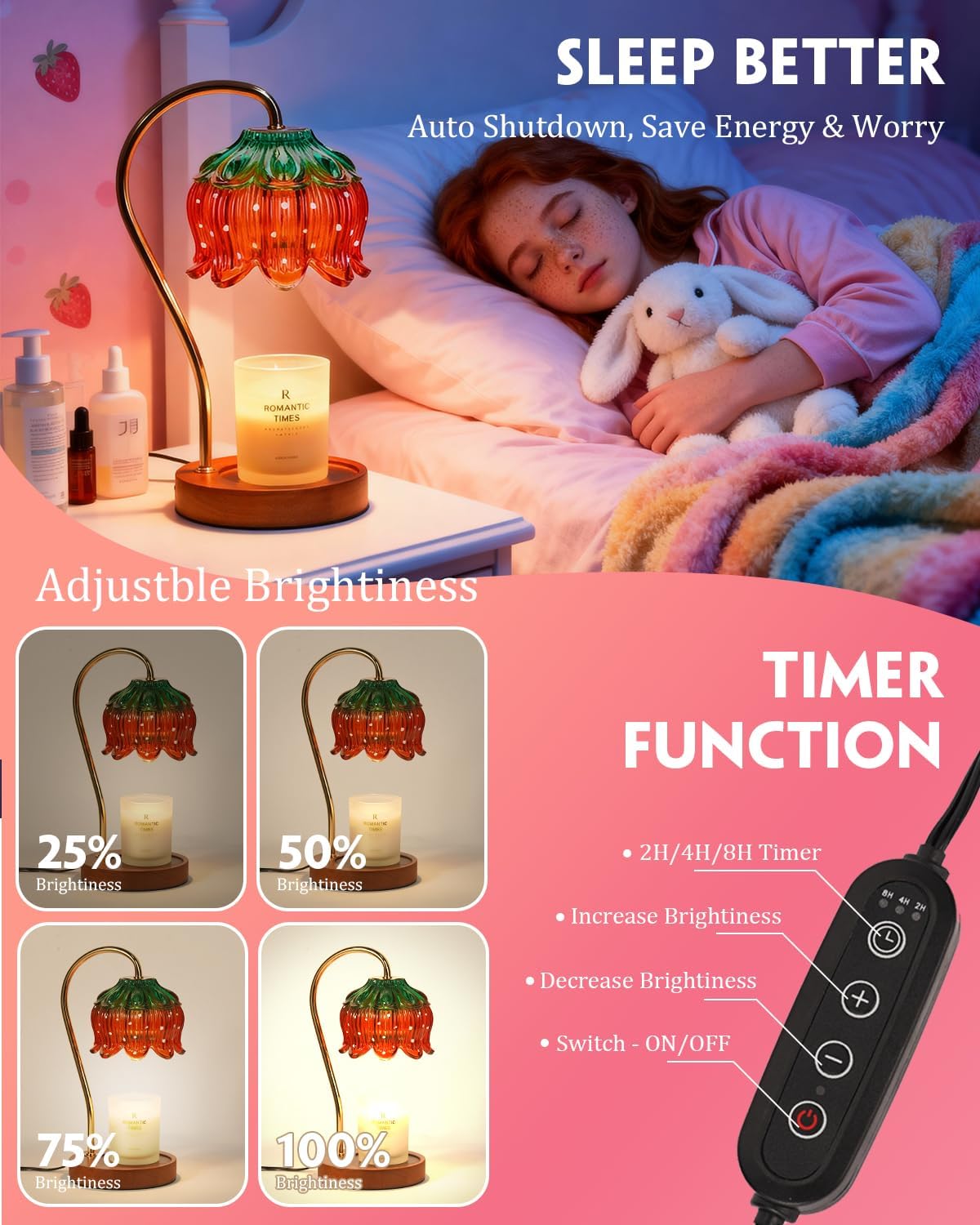 Funistree Flower Candle Warmer Lamp with Timer, Dimmable Candle Lamp Warmer, Christmas Birthday Gifts for Women Mom Her, House Warming for Home Decor, Lotus Wax Warmer for Yankee Candles-Strawberry