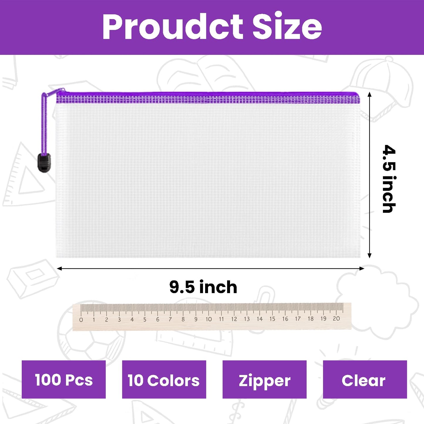 100 Pack Pencil Case Pouch Bulk, 9.5'' x 4.5'' Small Clear Mesh Zipper Pencil Pouch Bags Waterproof Pencil Holder Pouches for Classroom Office File Travel Bill Stationery, 10 Colors