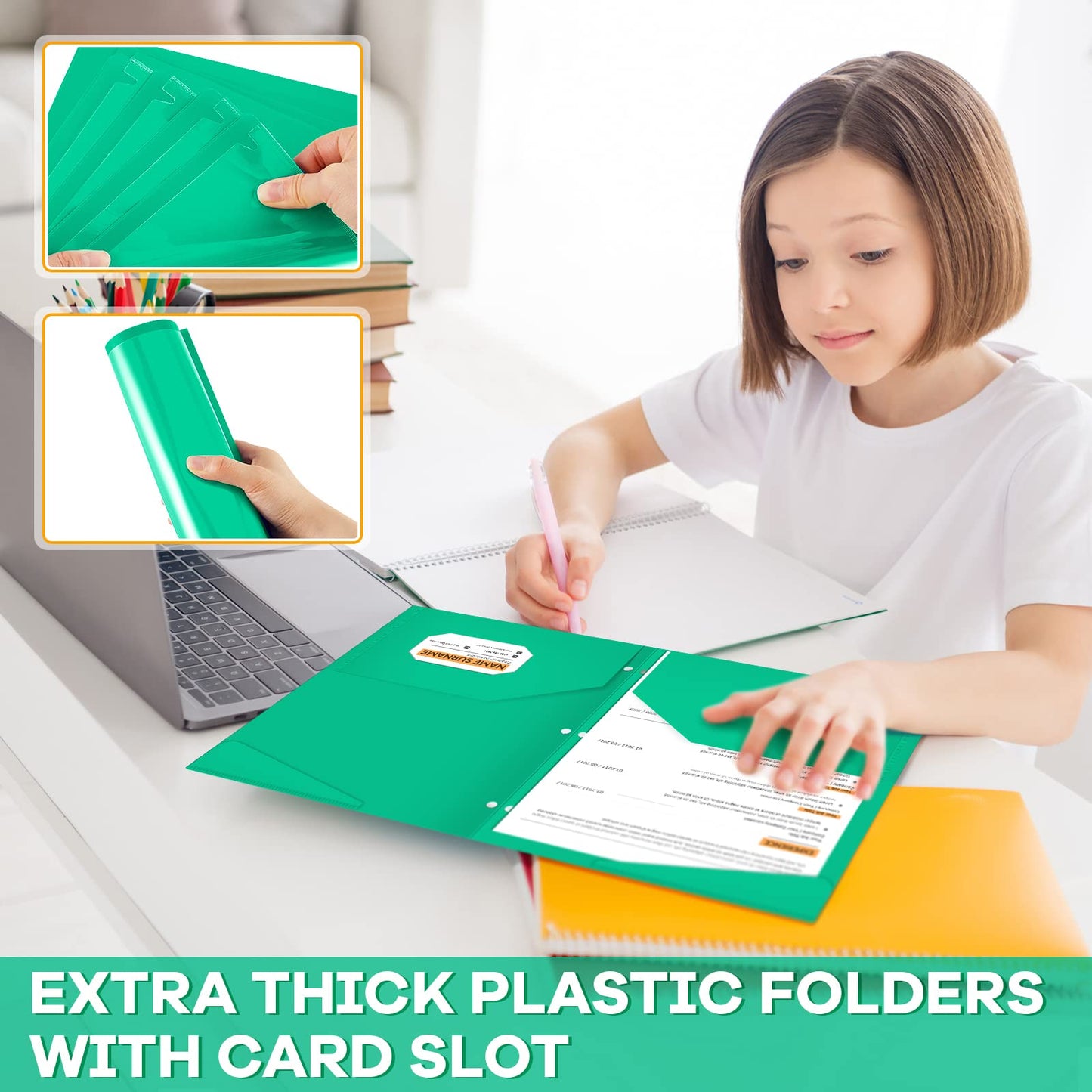 Henoyso 36 Pcs Green Plastic Folders with 2 Pockets and Clear Front Pocket 3 Holes for 3-Ring Binder Durable Poly Folder for School, Office & Home Organization