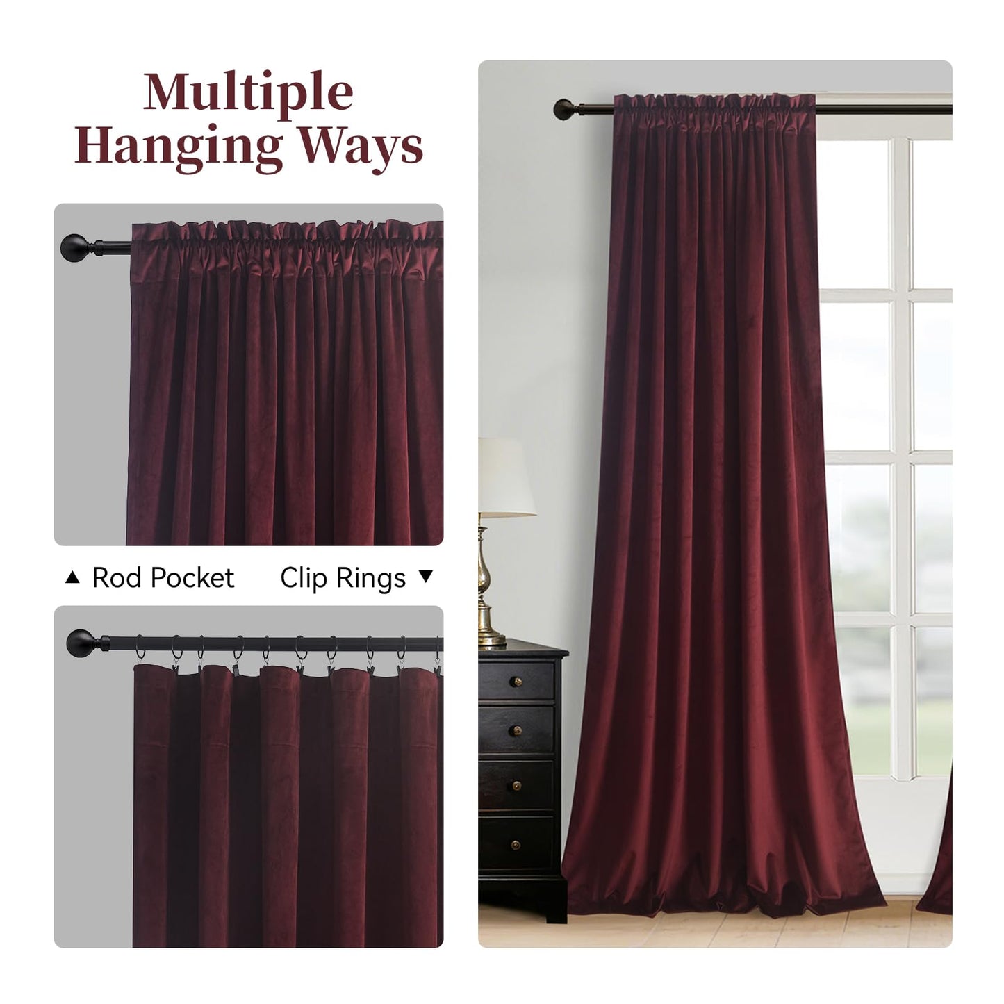 Roslynwood Velvet Ruby Wine Curtain 96 inch Long - Curtains Block Light Rod Pocket Thermal Insulated Window Drapes Set for Living Room/Bedroom/Dining Room, W52 x L96, 2 Panels