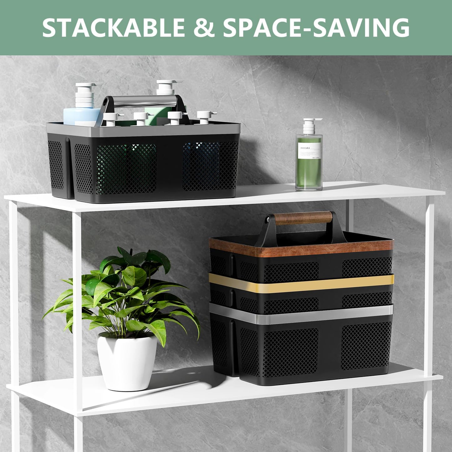 BYUNER Black Shower Caddy Portable: Plastic Bathroom Caddy Organizer with Handle and Holes, Cleaning Caddy, Hard Shower Basket Storage Tote for Toiletry, College Dorm Room Essentials for Men