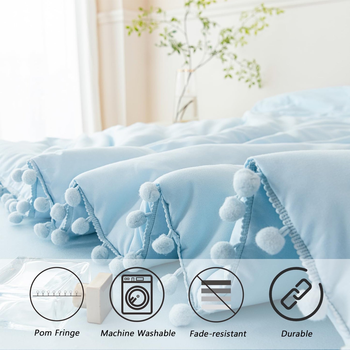 PERFEMET 5 Pieces Twin Bedding Sets Light Blue Pom Pom Comforter Set for Girls Boys Soft Fluffy Solid Boho Bed in A Bag with Comforter and Sheets(Light Blue, Twin)