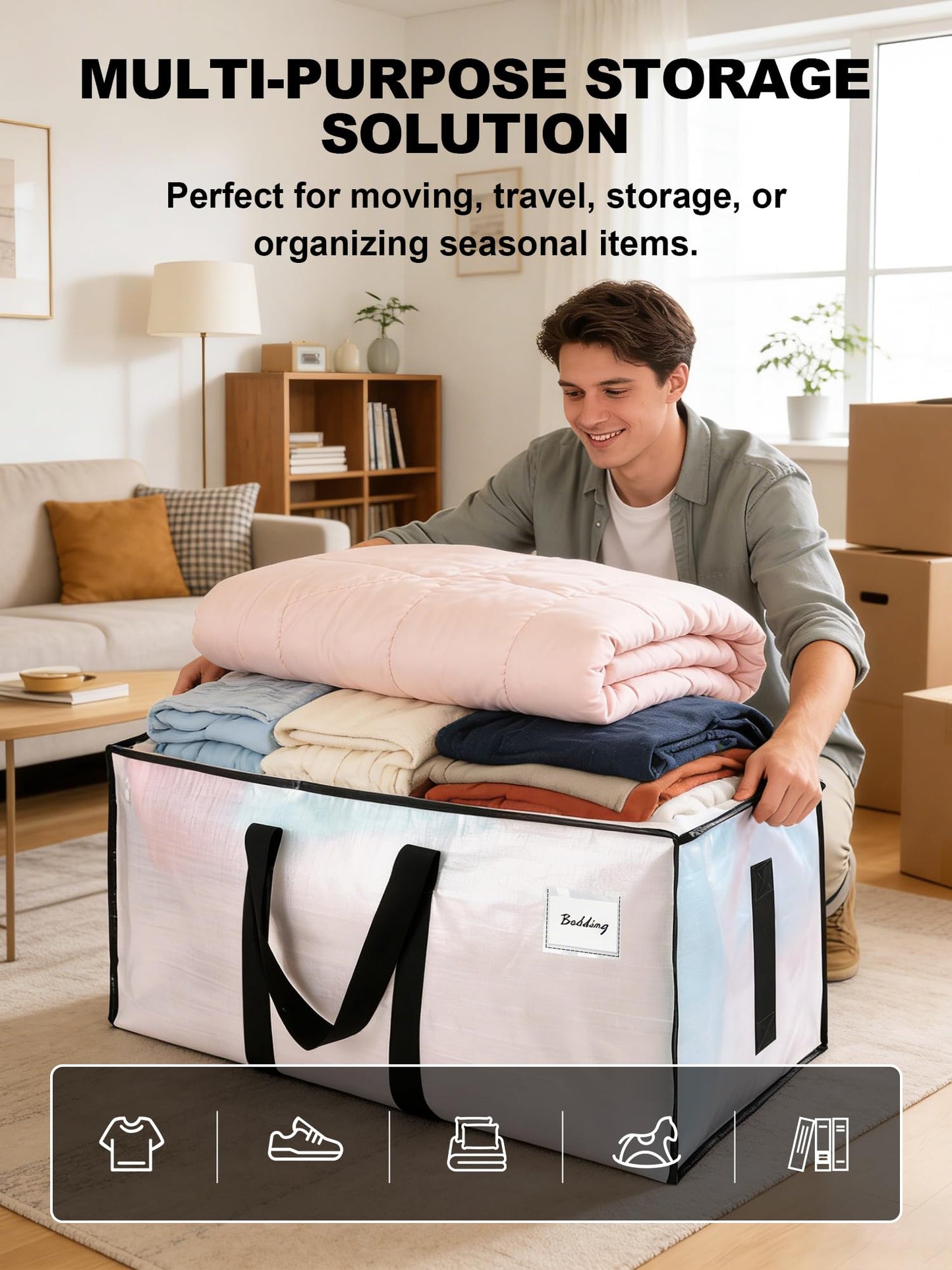 HOMESURE Supports 200lbs Heavy Duty Moving Bags - Strong Zipper & Wrap-Around Handles - Water-Resistant Storage Totes, Durable Alternative to Moving Boxes - 12 Pack - Semi-Transparent