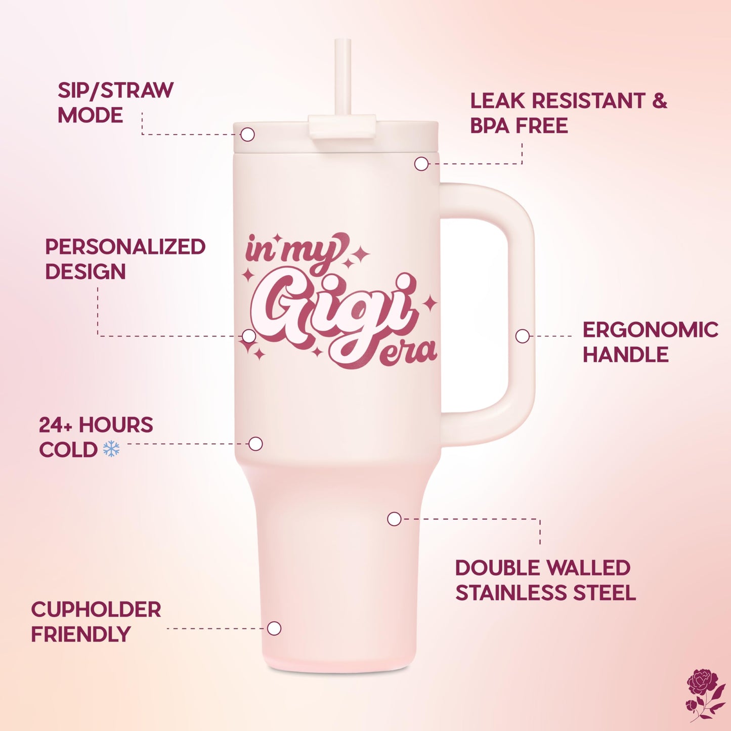 Violet & Gale Gigi Gifts For Grandma - Retro Collection - 40oz Insulated Tumbler with Handle, Gigis Water Bottle for Mothers Day, In My Era Cup