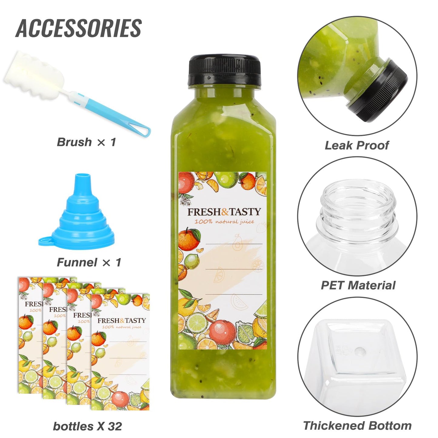 TOMNK 32pcs 16oz Plastic Juice Bottles with Lids, Juice Containers with Caps and Labels, Funnel, Brush, Beverage Containers for Juicing, Smoothies, Tea, Milk