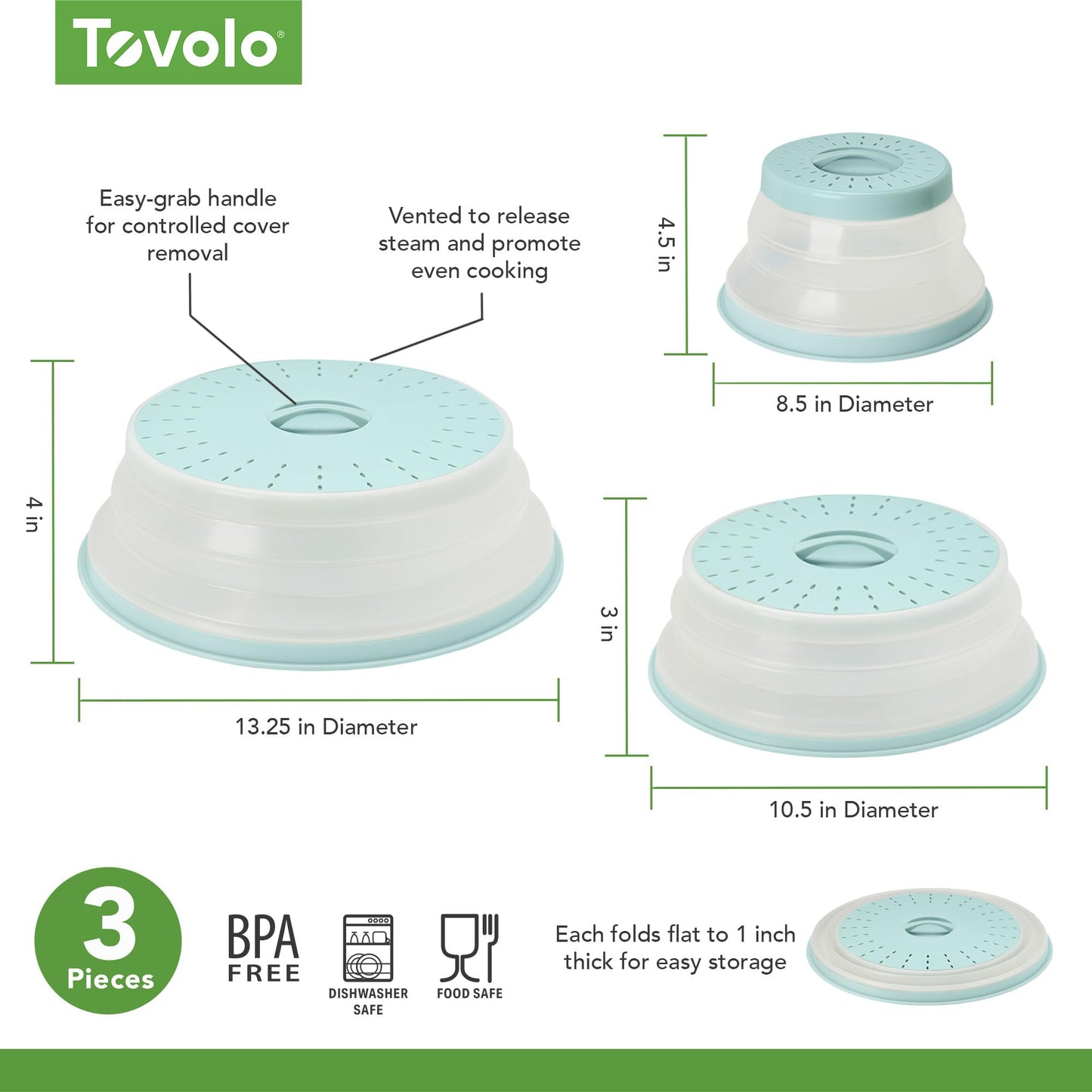 Tovolo 3-Piece Silicone Microwave Splatter Lid Set Blue Haze Small Medium Large Set of 3, Collapsible Dishwasher Safe BPA Free Vented Silicone Microwave Splatter Cover Set for Food Reheating