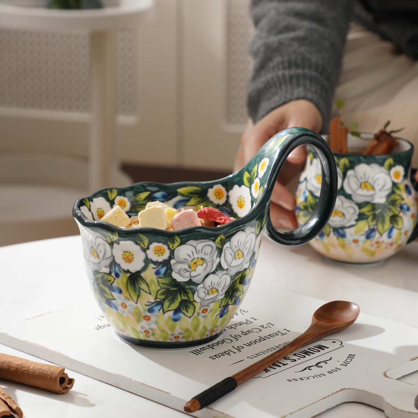 ALMA 2025 Updated 18oz Soup Bowl Microwave Safe,Floral Green Soup Bowl with Loop Handle,Unique Cereal Bowl for Soup,Yogurt,Snack,Chip,Stew,Ice cream-Country Jasmine Theme