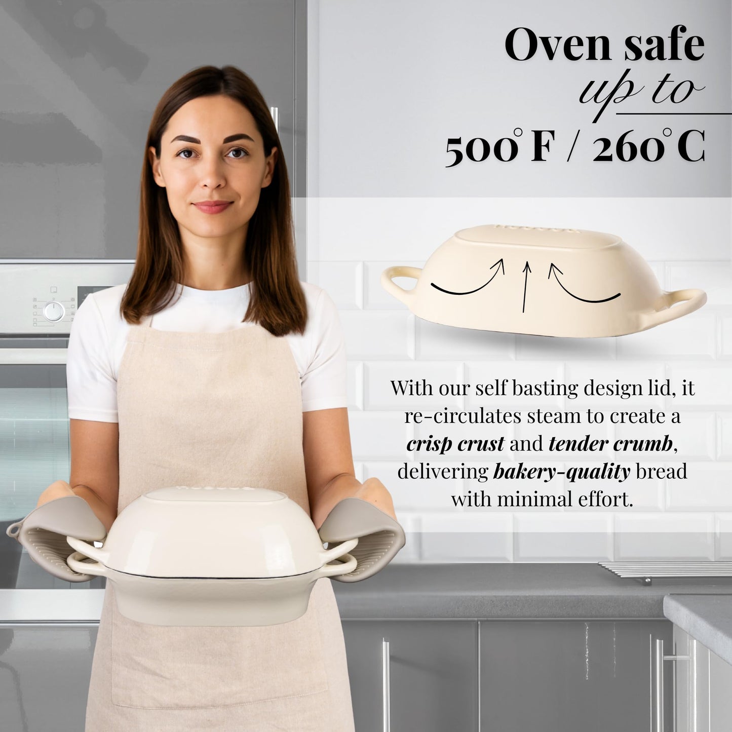 Dutch Oven For Sourdough Bread Baking – Enamelled Cast Iron Bread Loaf Pot – Oven Safe Non Stick Bread Pot – Rectangular, Cream, 24cm x 16cm – by Nuovva