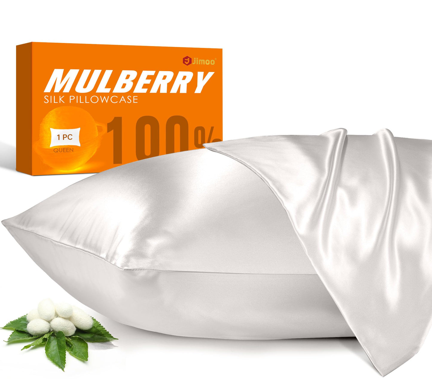 J JIMOO 100% Mulberry Silk Pillowcase for Hair and Skin, 22 Momme Pure Natural Silk Pillow Case Both Sided with Zipper, Pillow Cover for Women Mom Men (Ivory White, Standard 20''×26'', 2 Pack)